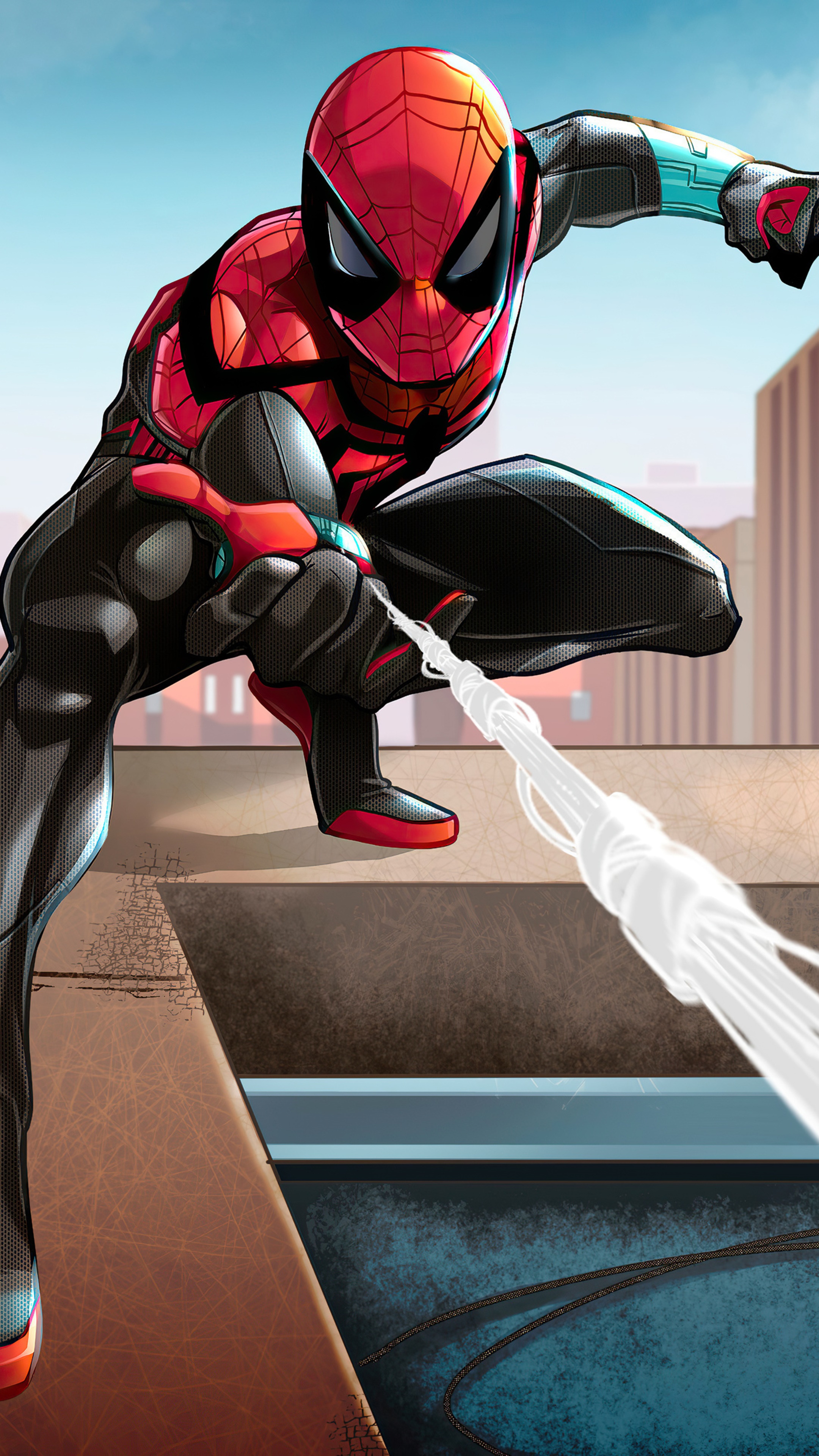 Spider-Man swinging on a web with city buildings in the background HD Phone Wallpaper