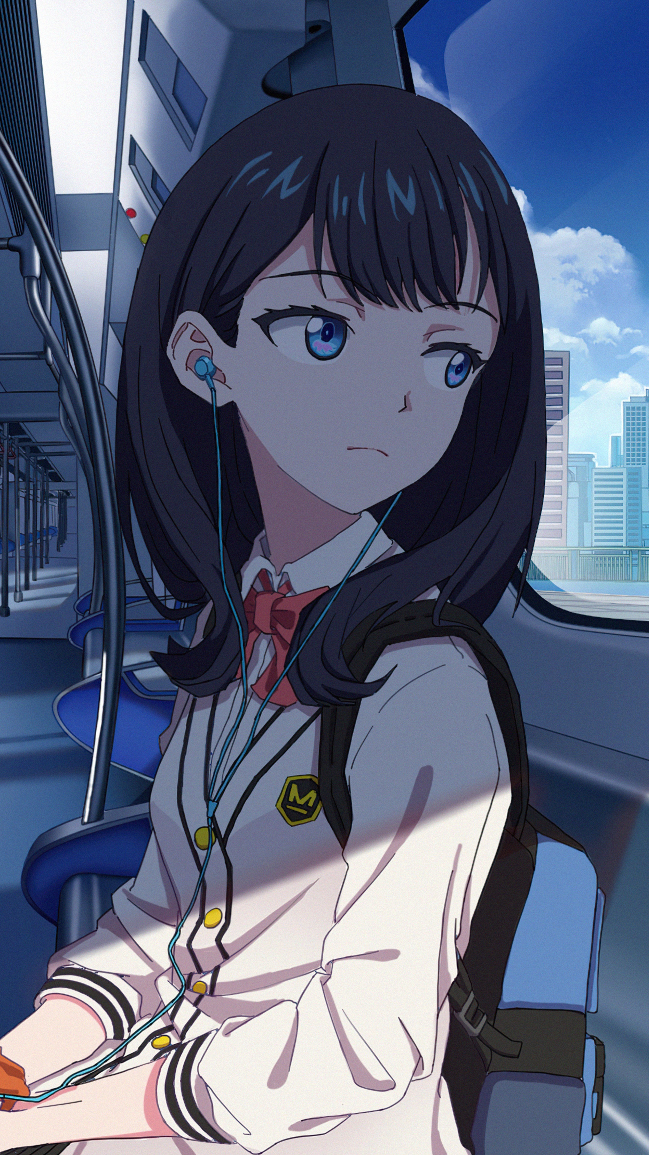 Anime girl with headphones on a train HD Phone Wallpaper