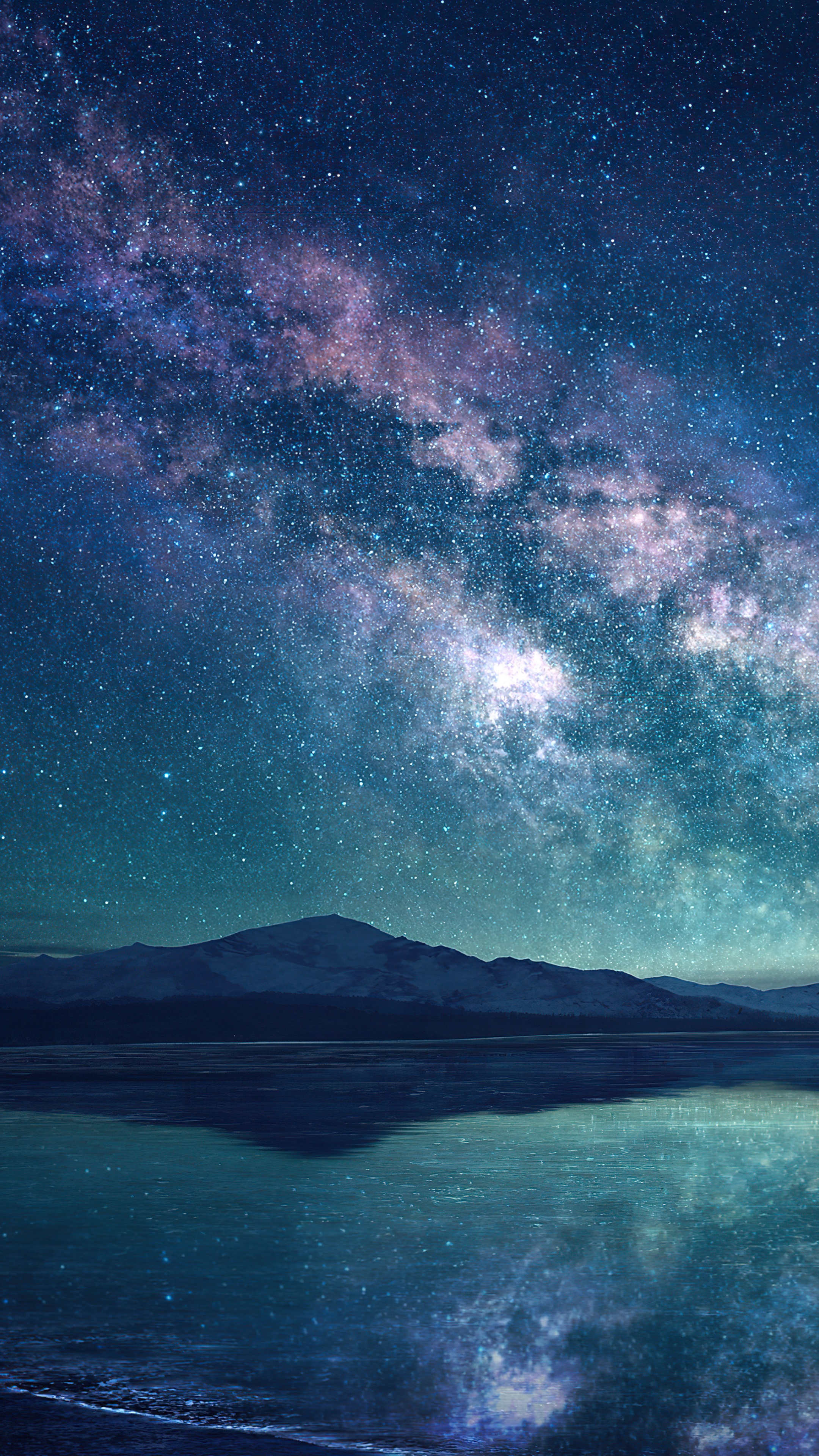 Milky Way over a reflective lake and mountains 4K HD Phone Wallpaper