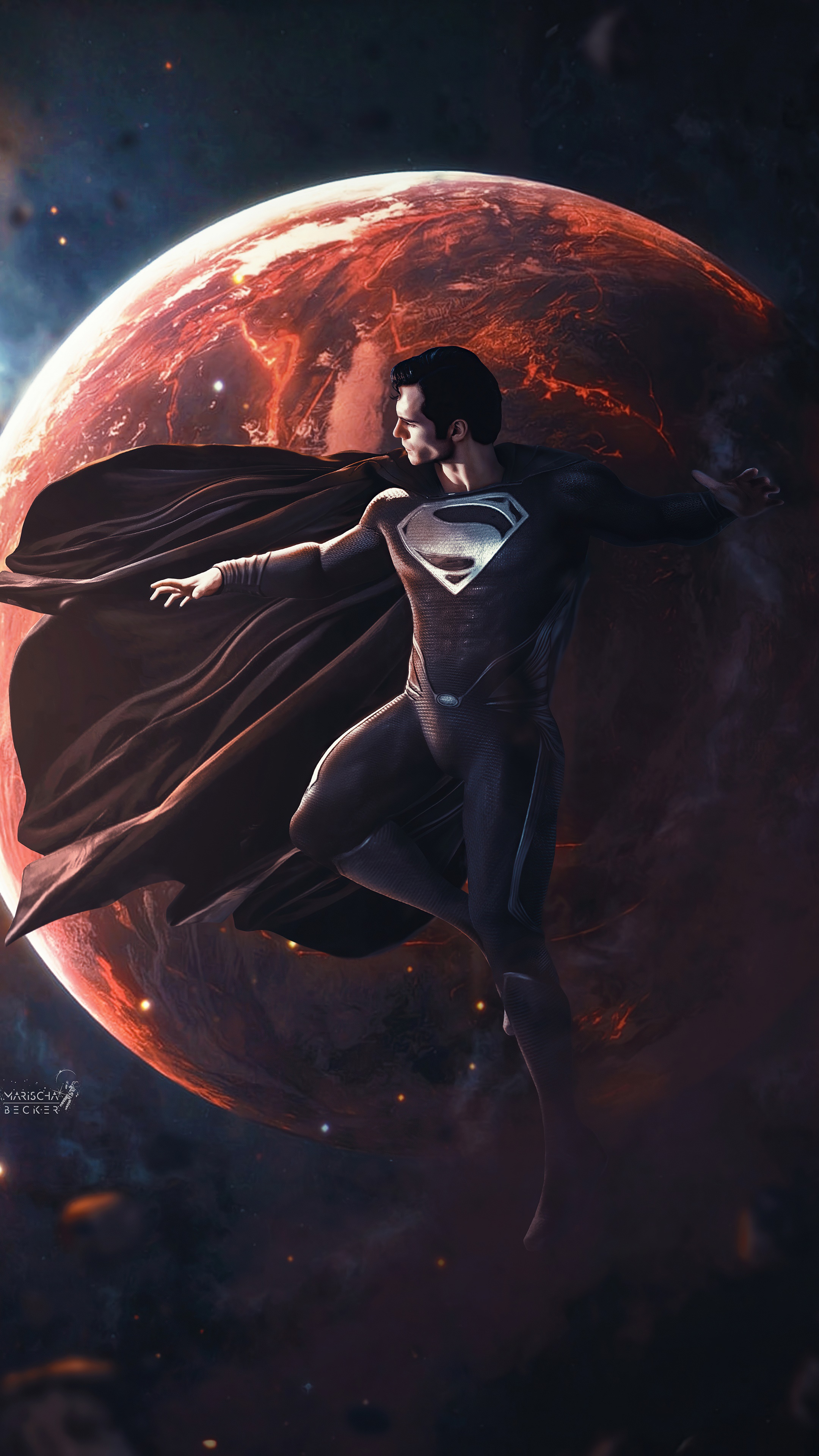 Superman in black suit with red planet background HD Phone Wallpaper