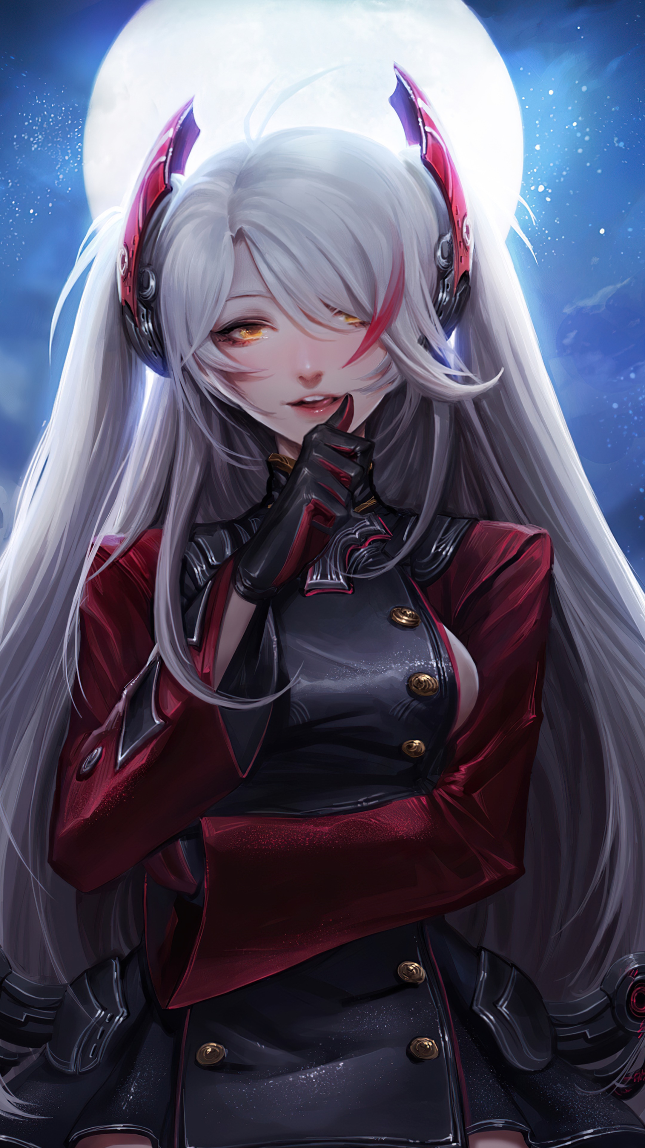 Fantasy girl with white hair and red uniform HD Phone Wallpaper