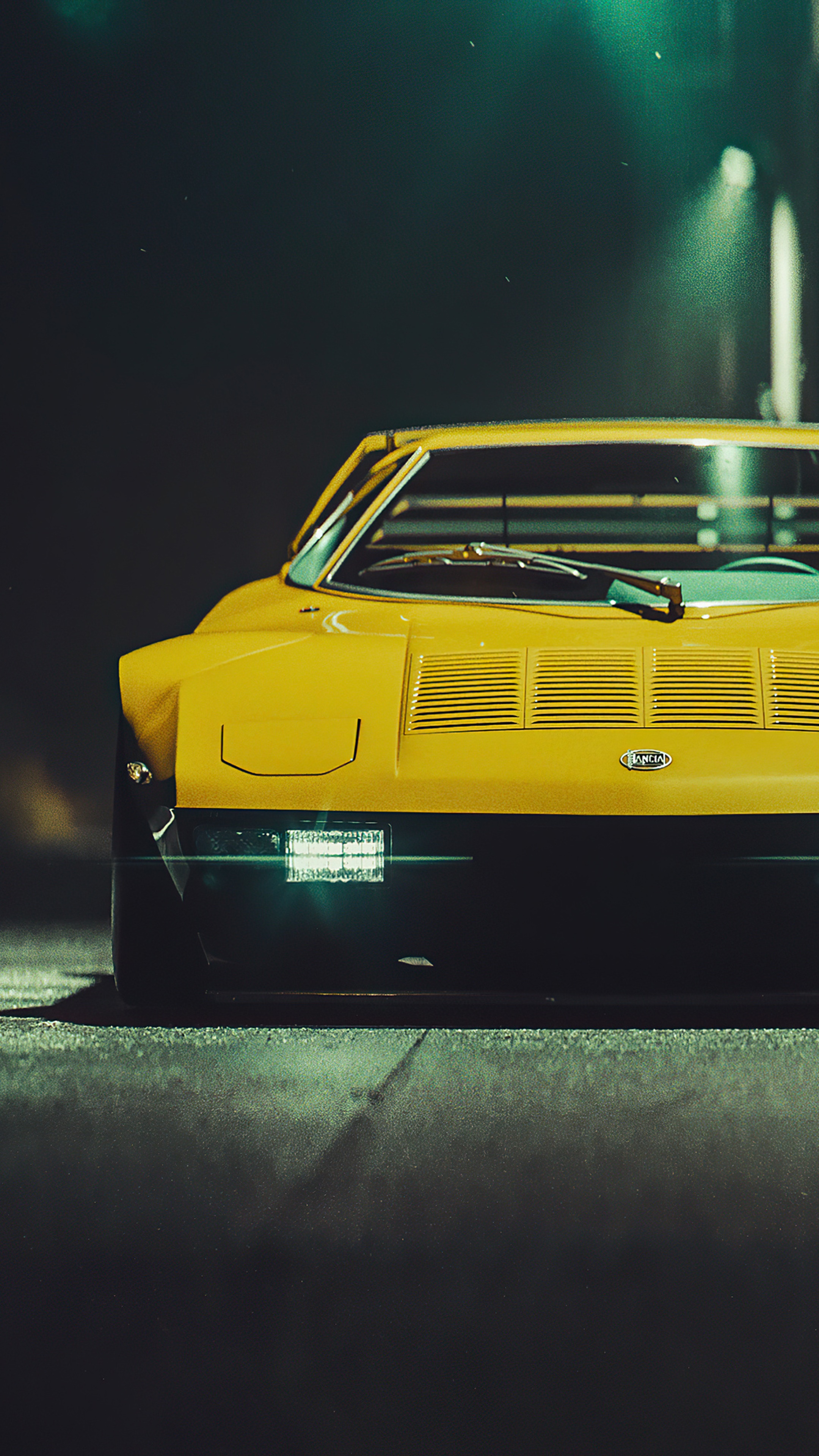 Yellow Mazda RX-7 front view at night HD Phone Wallpaper