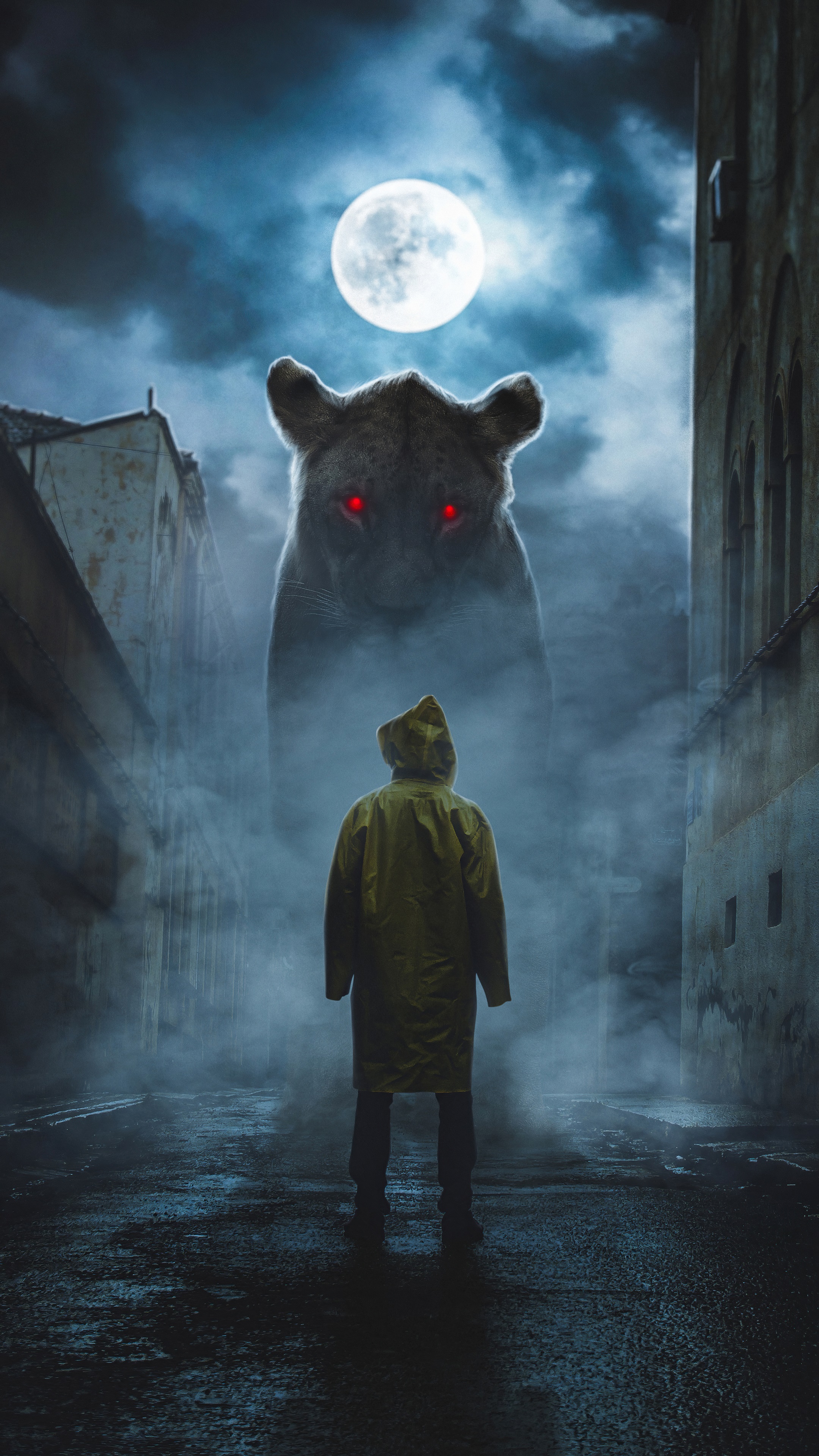 Giant Lion with Red Eyes and Person in Alley HD Phone Wallpaper
