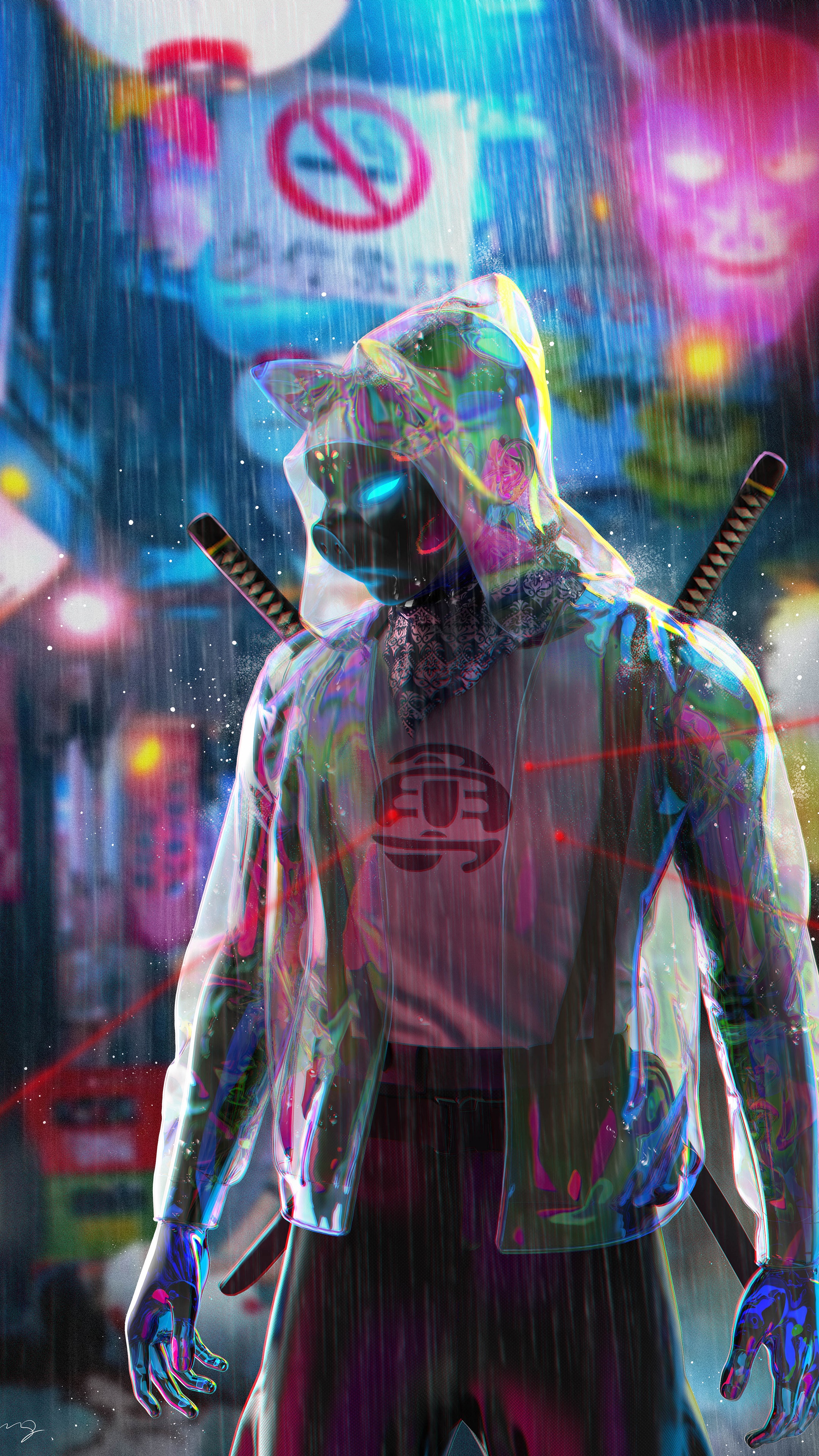 Cyberpunk warrior with swords in the rain HD Phone Wallpaper