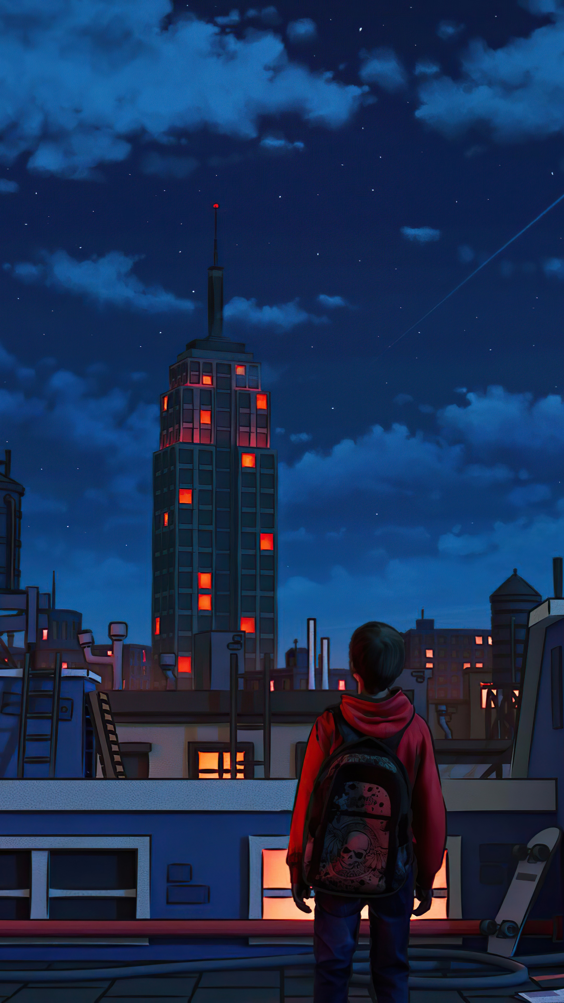 Boy on rooftop looking at Empire State Building at night HD Phone Wallpaper