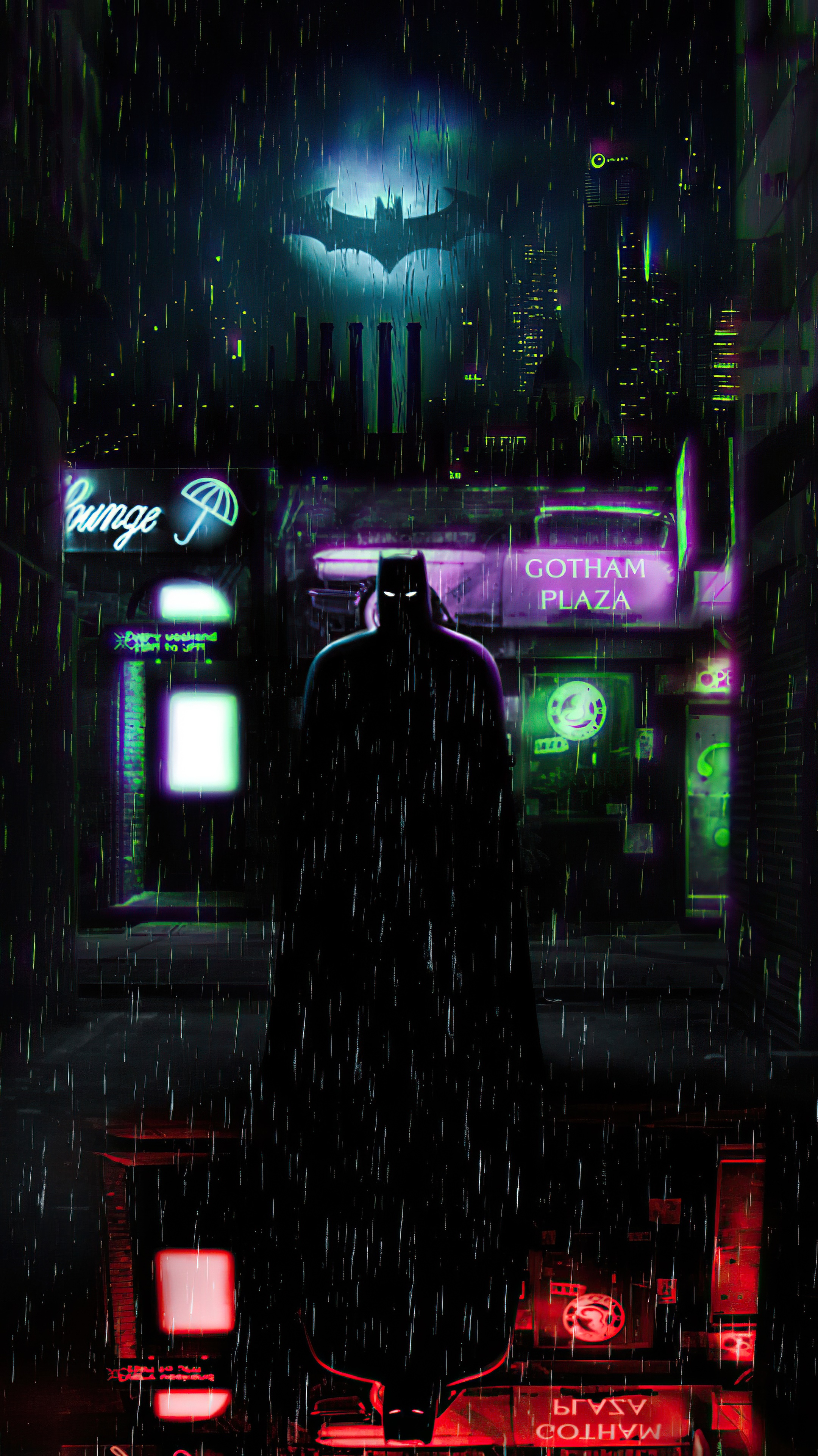 Batman in Gotham Plaza at night HD Phone Wallpaper