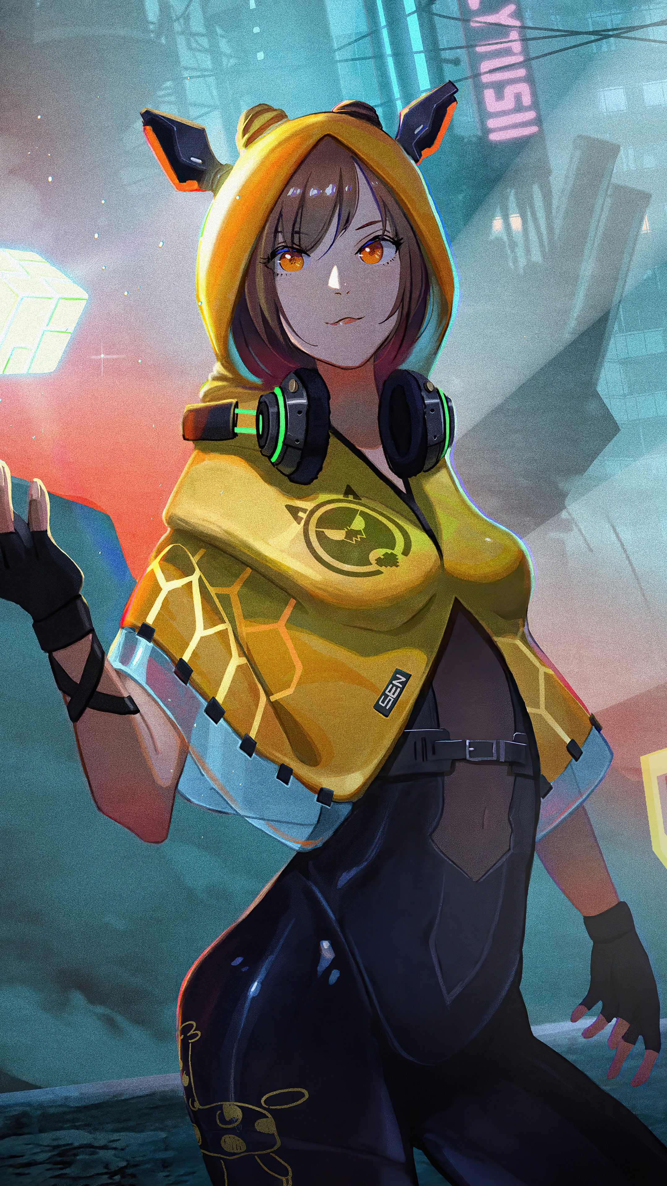 Girl with yellow hoodie and headphones in sci-fi city HD Phone Wallpaper