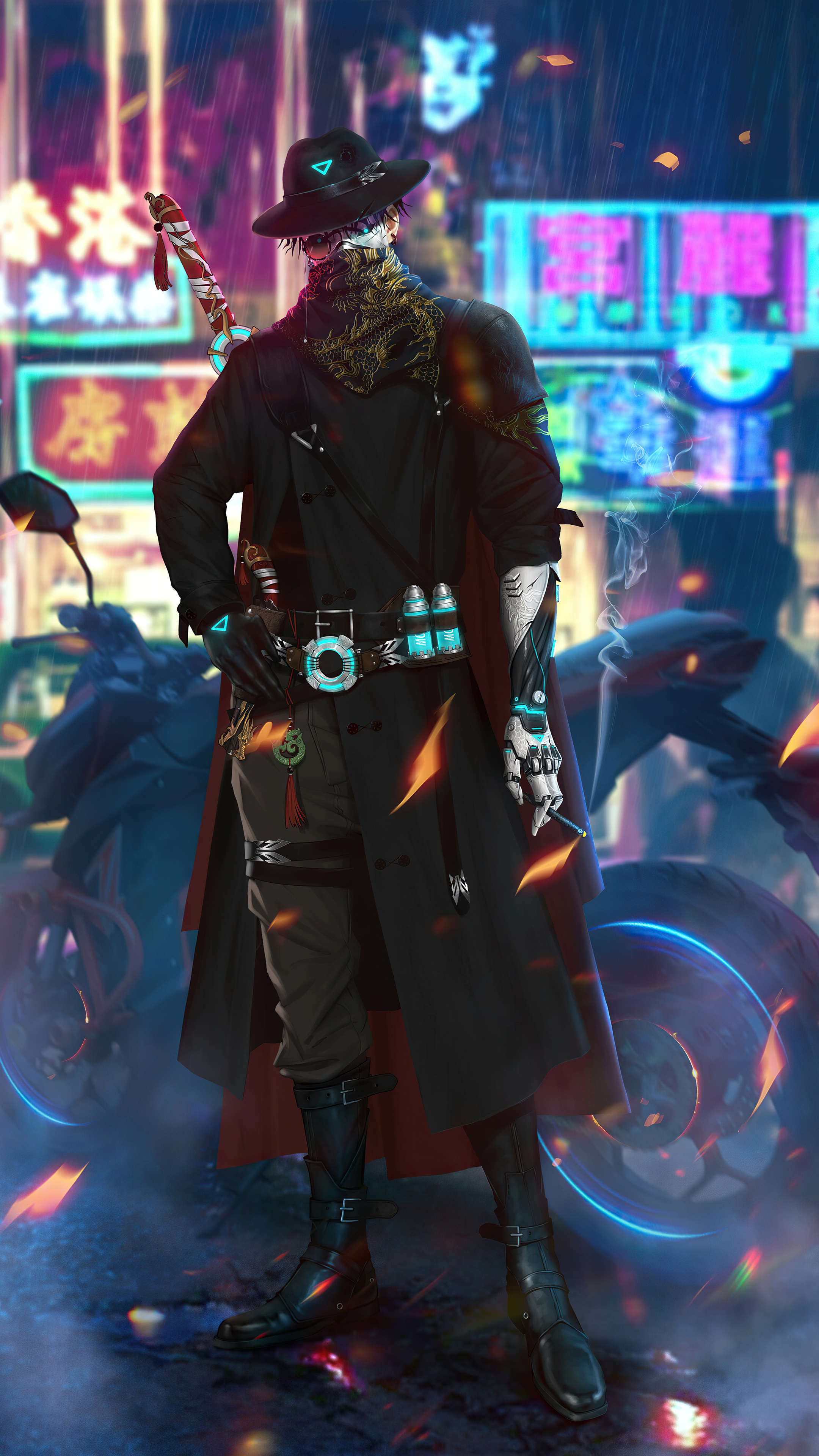 Cyberpunk character with robotic arm in neon city HD Phone Wallpaper