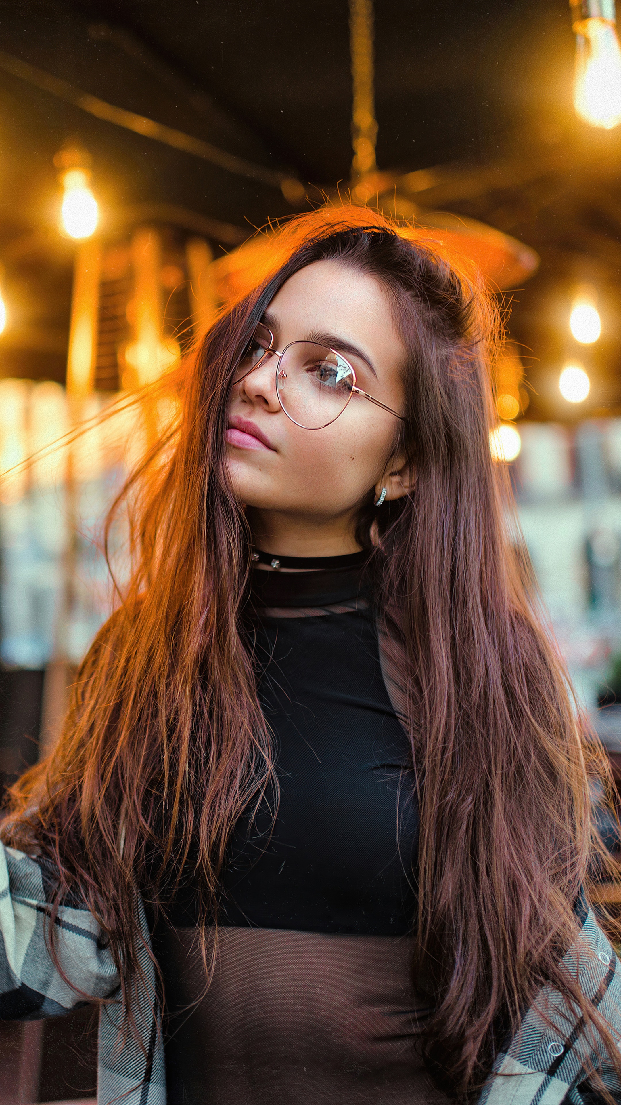 Model with glasses and long hair HD Phone Wallpaper