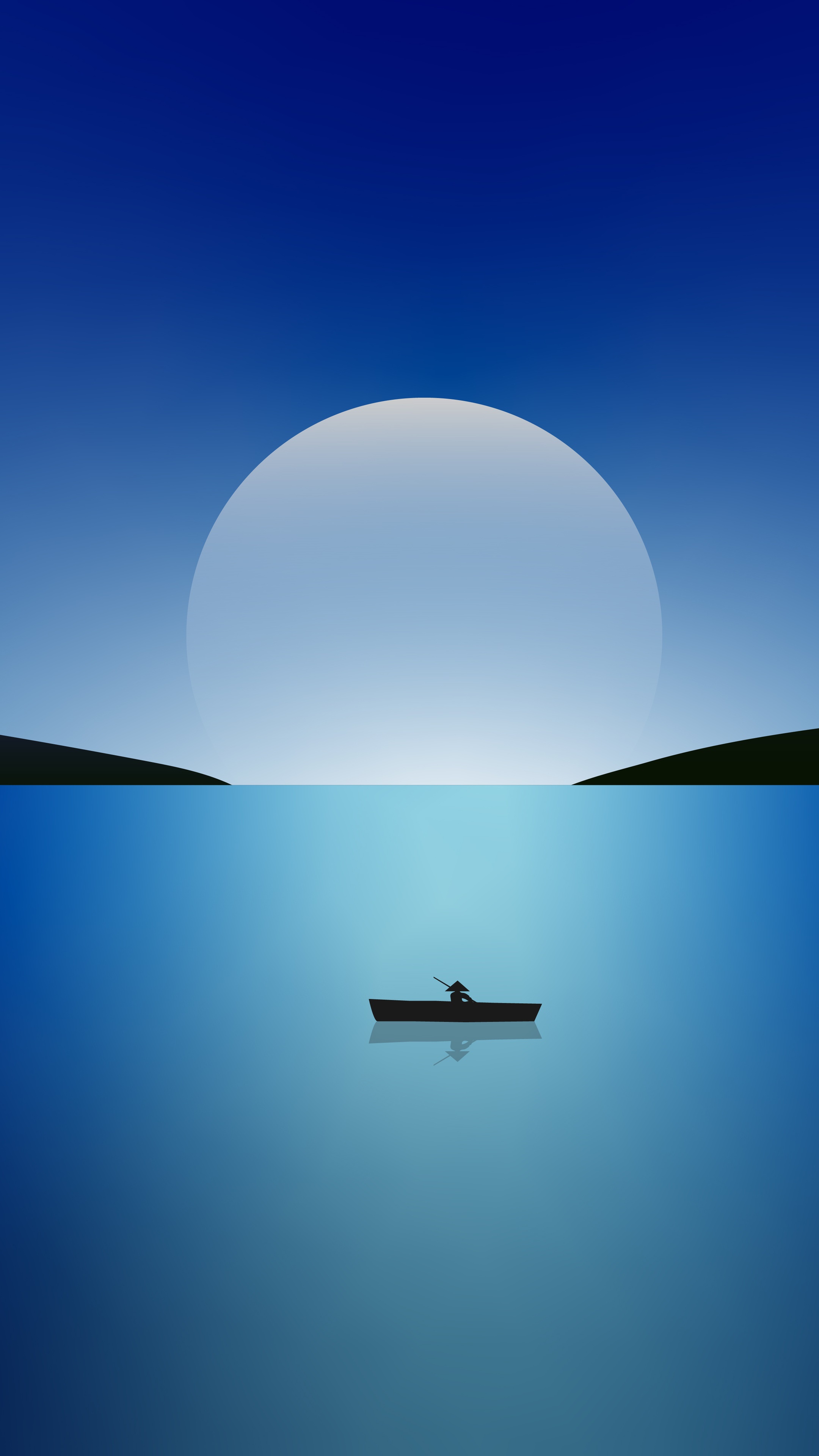 Minimalist digital art of a boat on the water with a large moon HD Phone Wallpaper