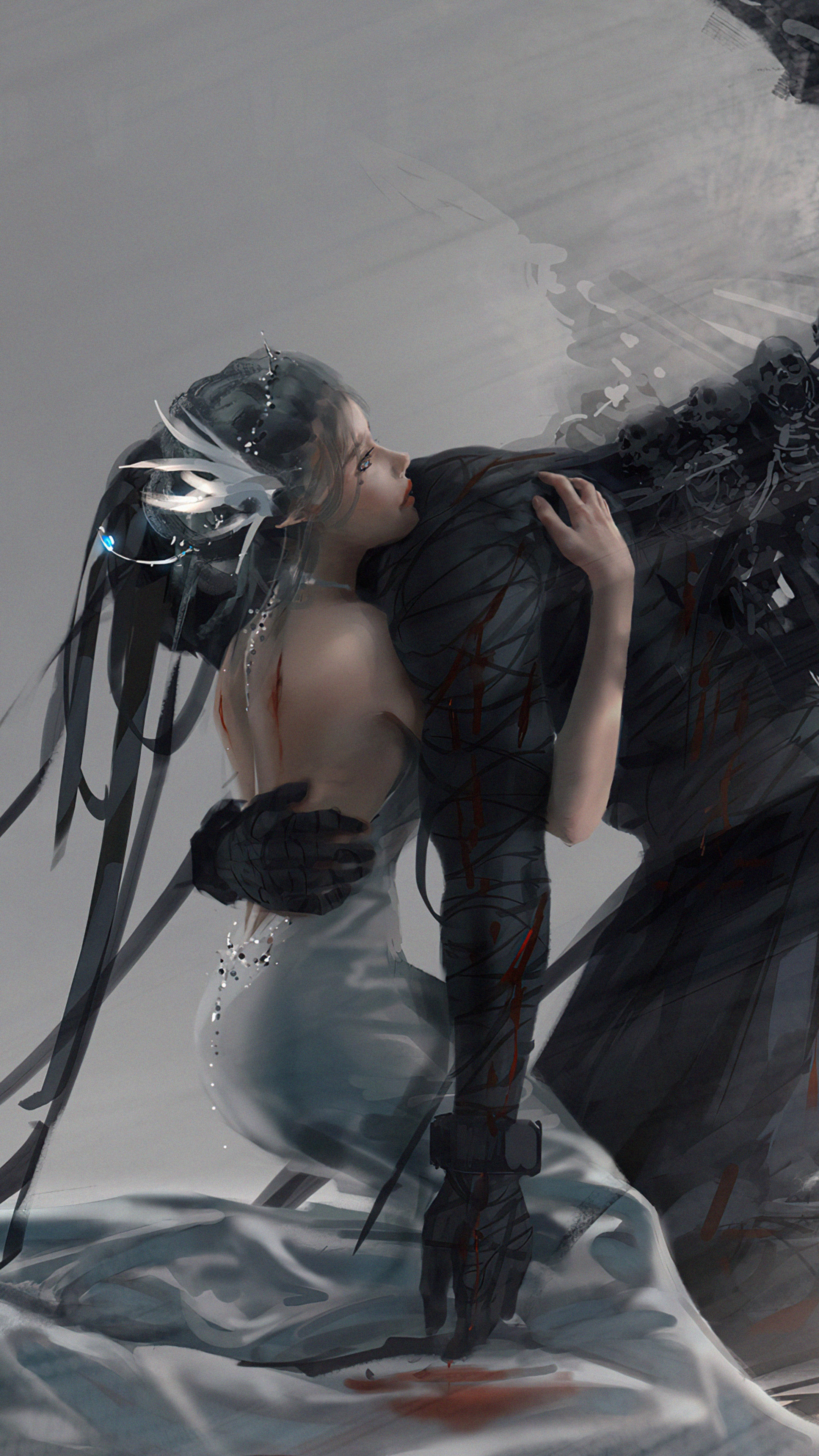 Angel embracing a dark creature HD Phone Wallpaper
