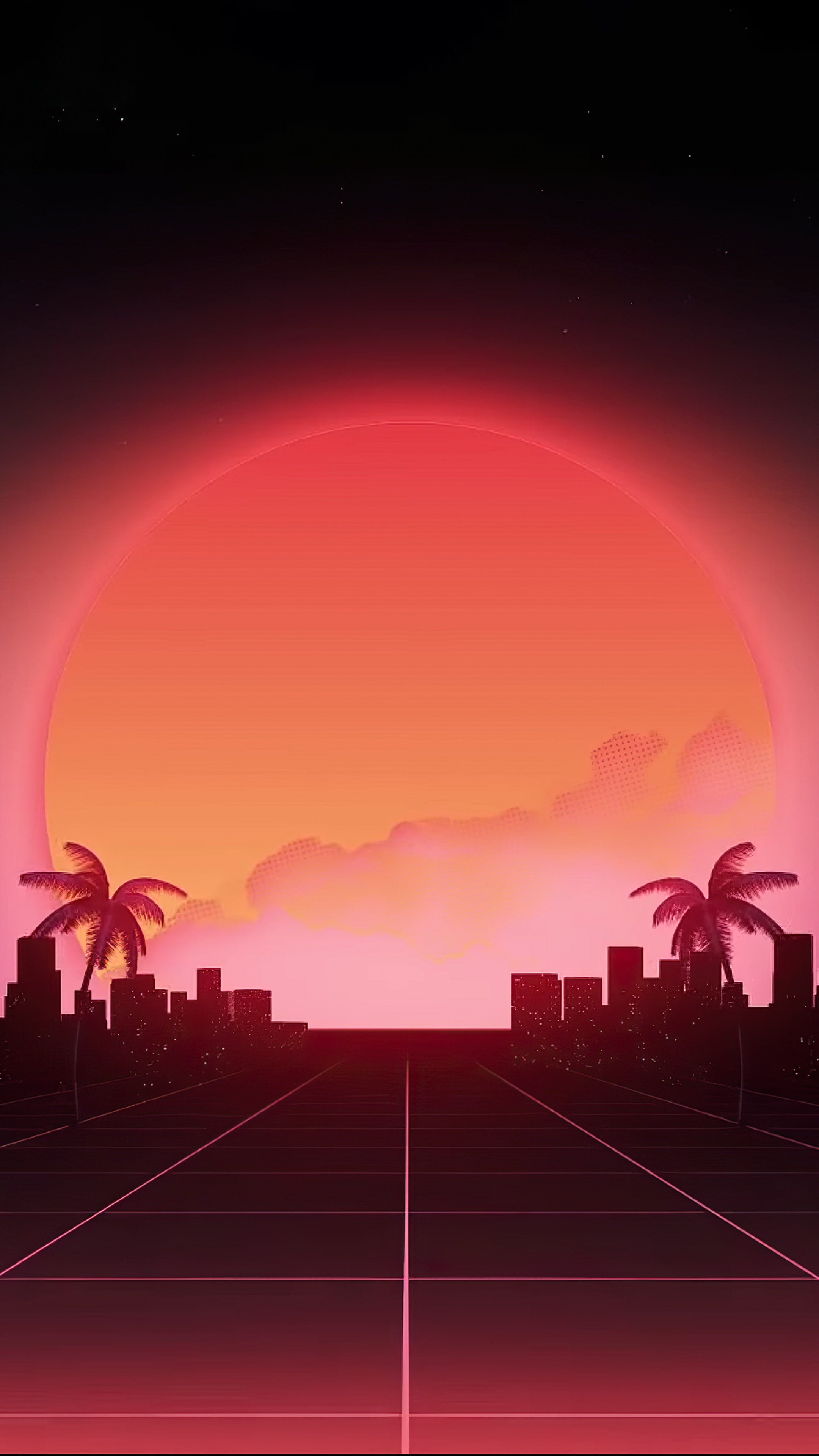 Retrowave Cityscape with Palm Trees and Sun HD Phone Wallpaper