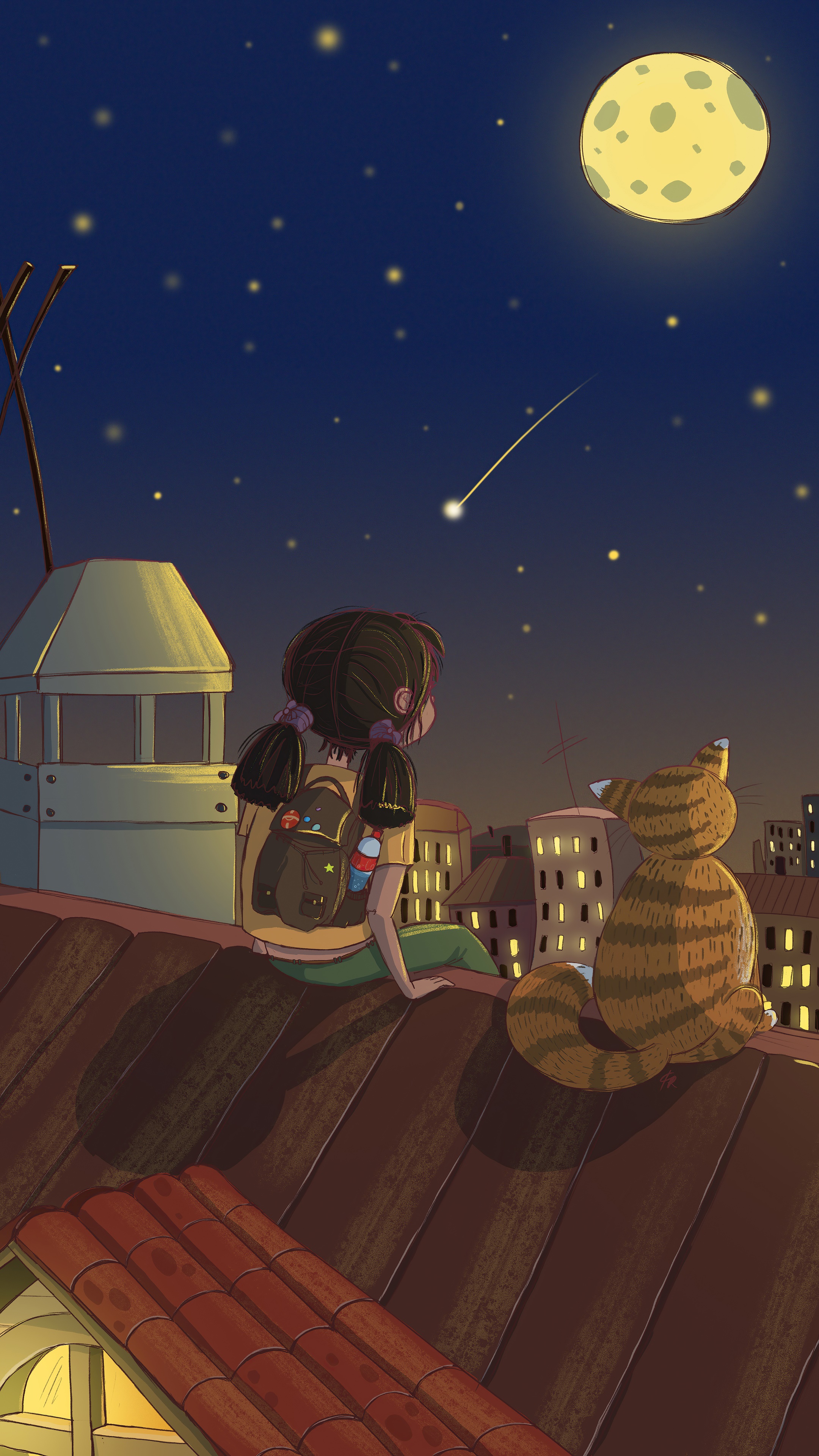 Girl and cat watching shooting star on rooftop 4K HD Phone Wallpaper