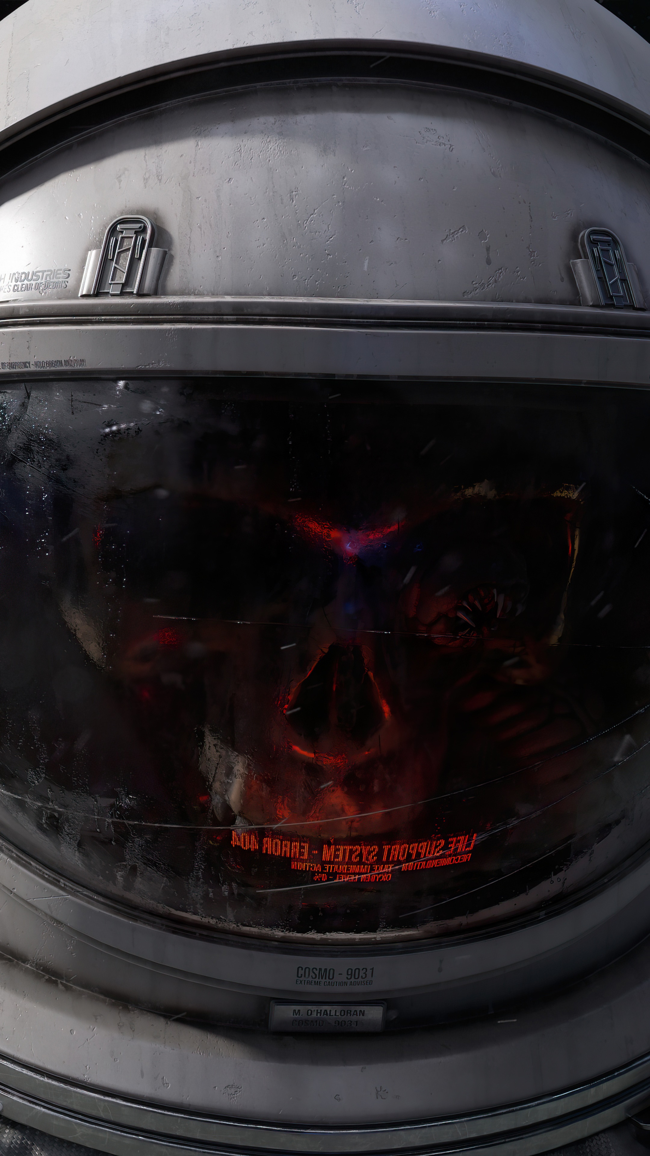 Astronaut helmet with skull reflection and error message 4K HD Phone Wallpaper