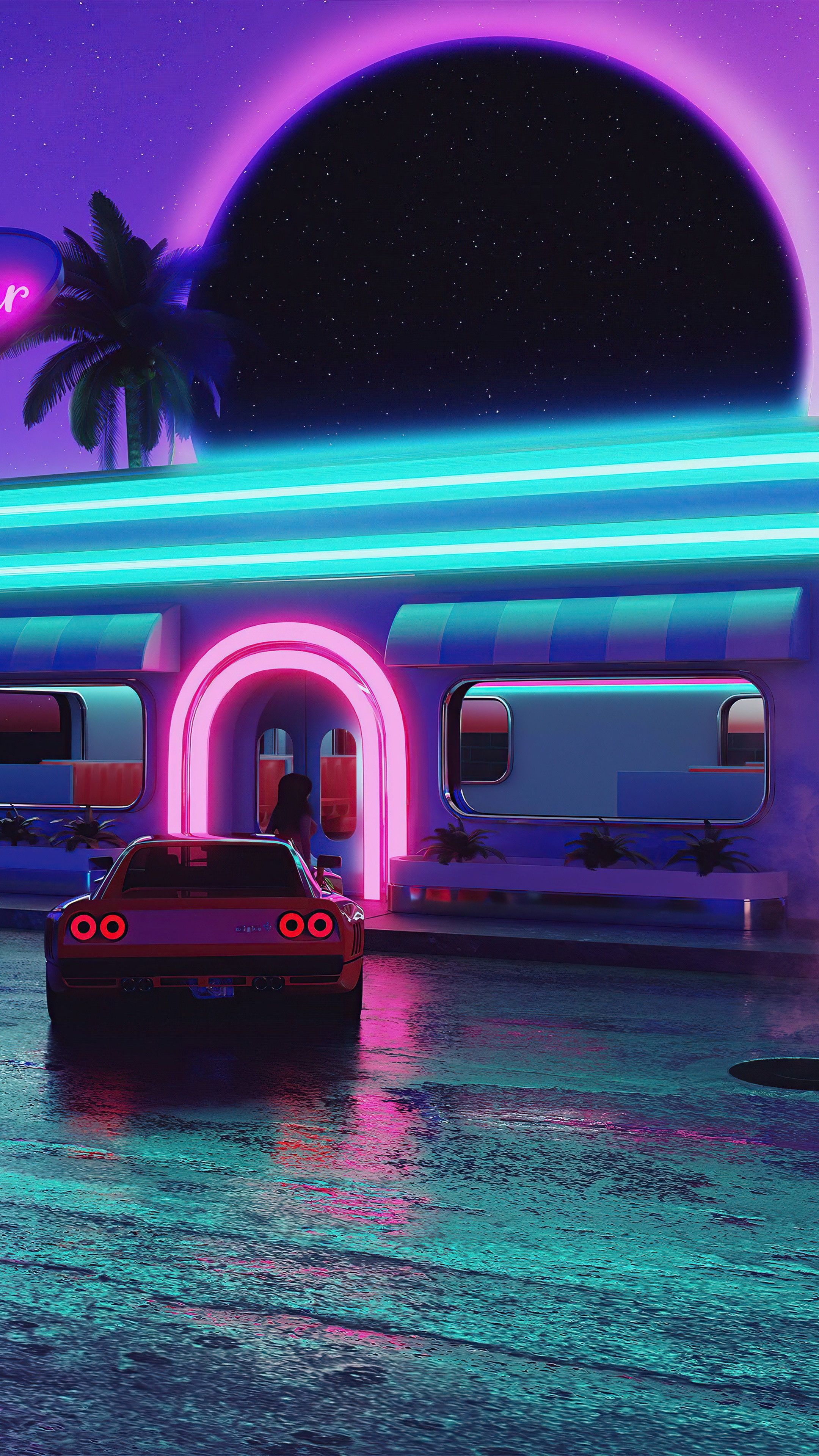 Retrowave scene with a car and neon diner HD Phone Wallpaper