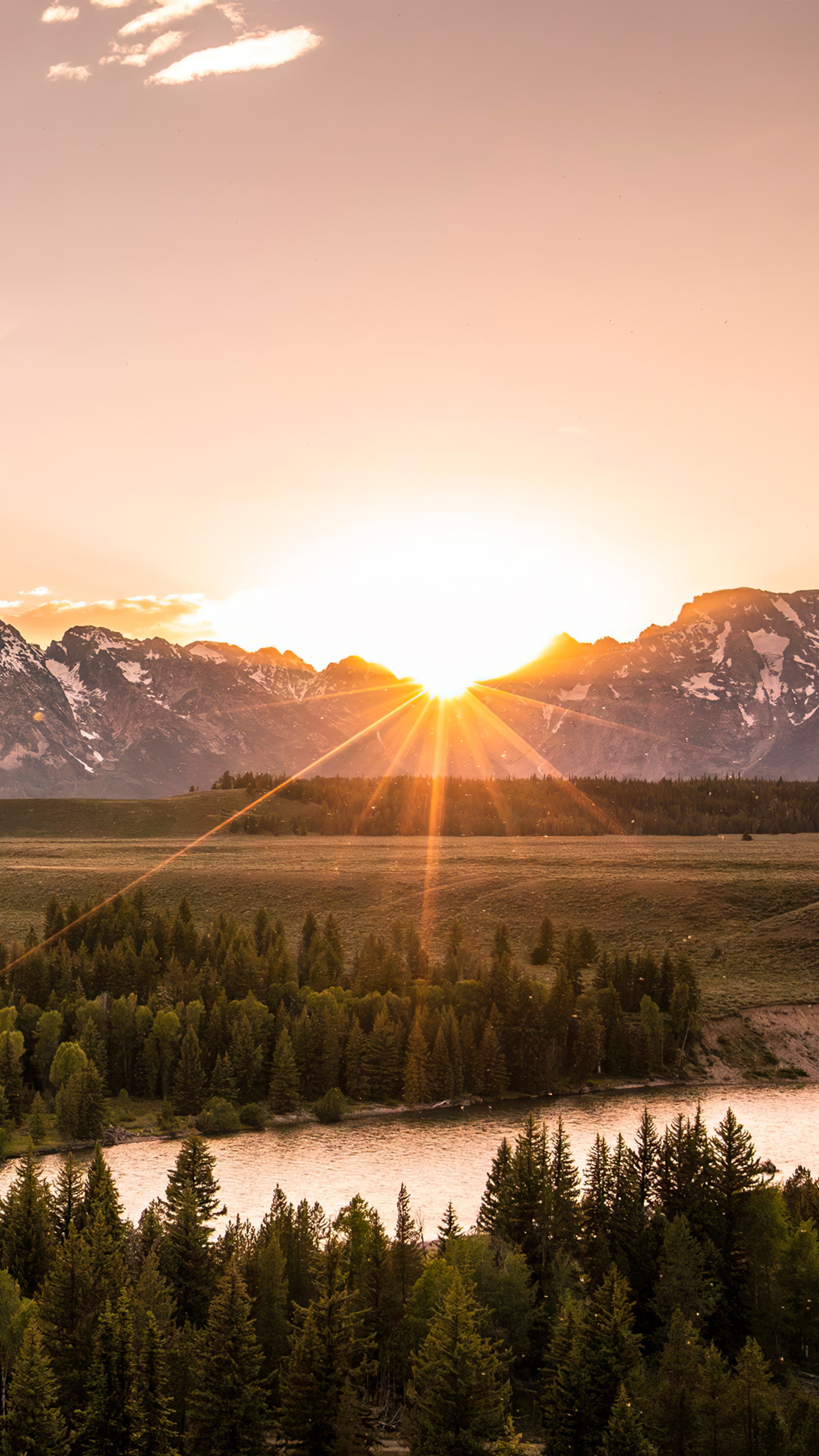 Sunrise over snow-capped mountains and forest HD Phone Wallpaper