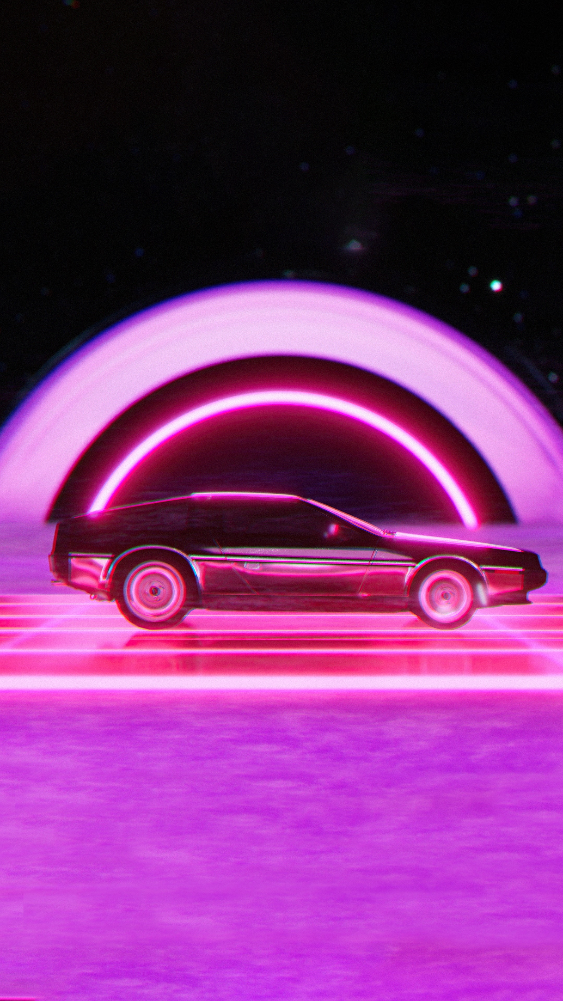 Retro Car on Neon Grid with Pink Ring HD Phone Wallpaper