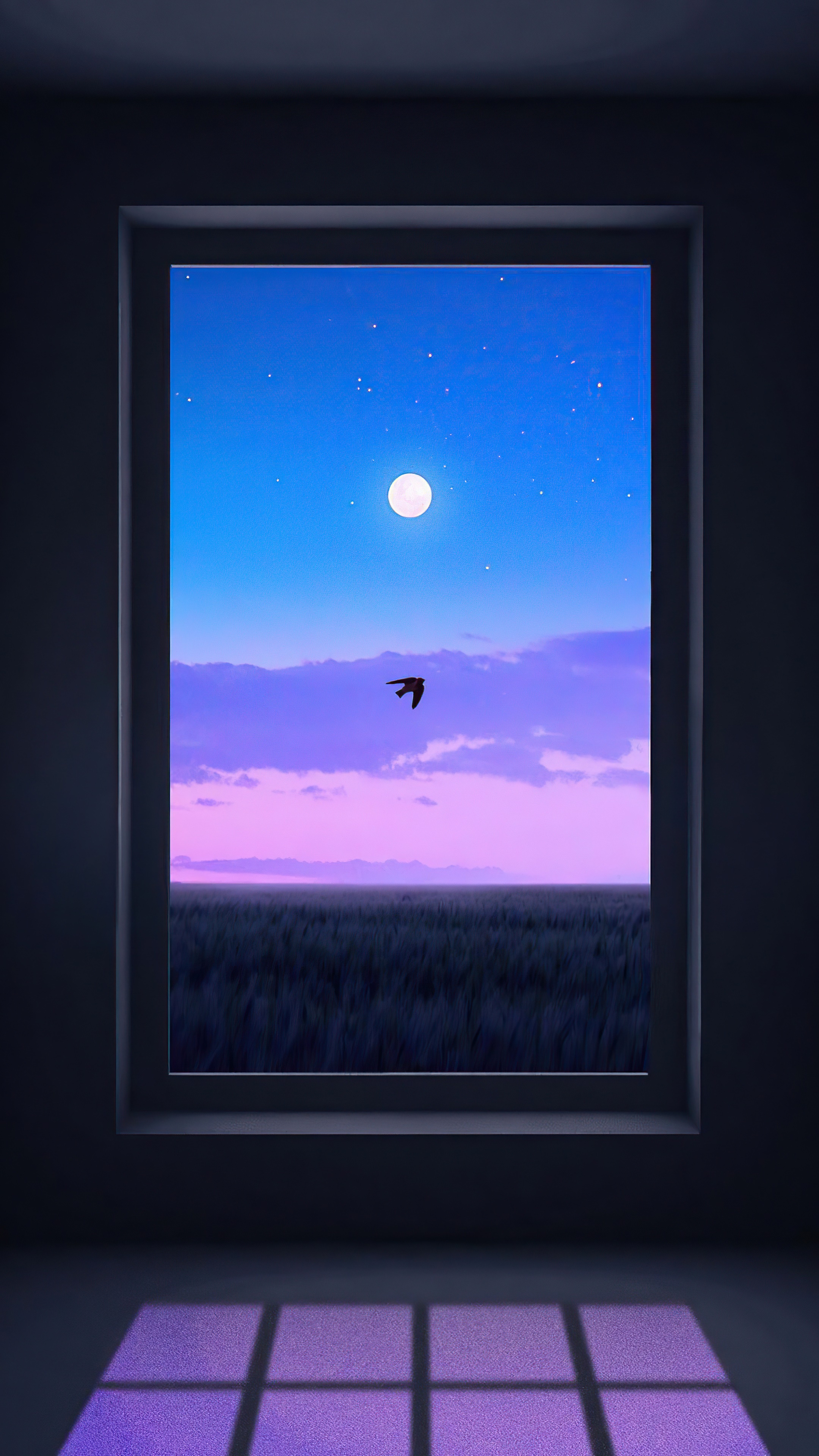 Bird flying in front of moonlit sky over field HD Phone Wallpaper