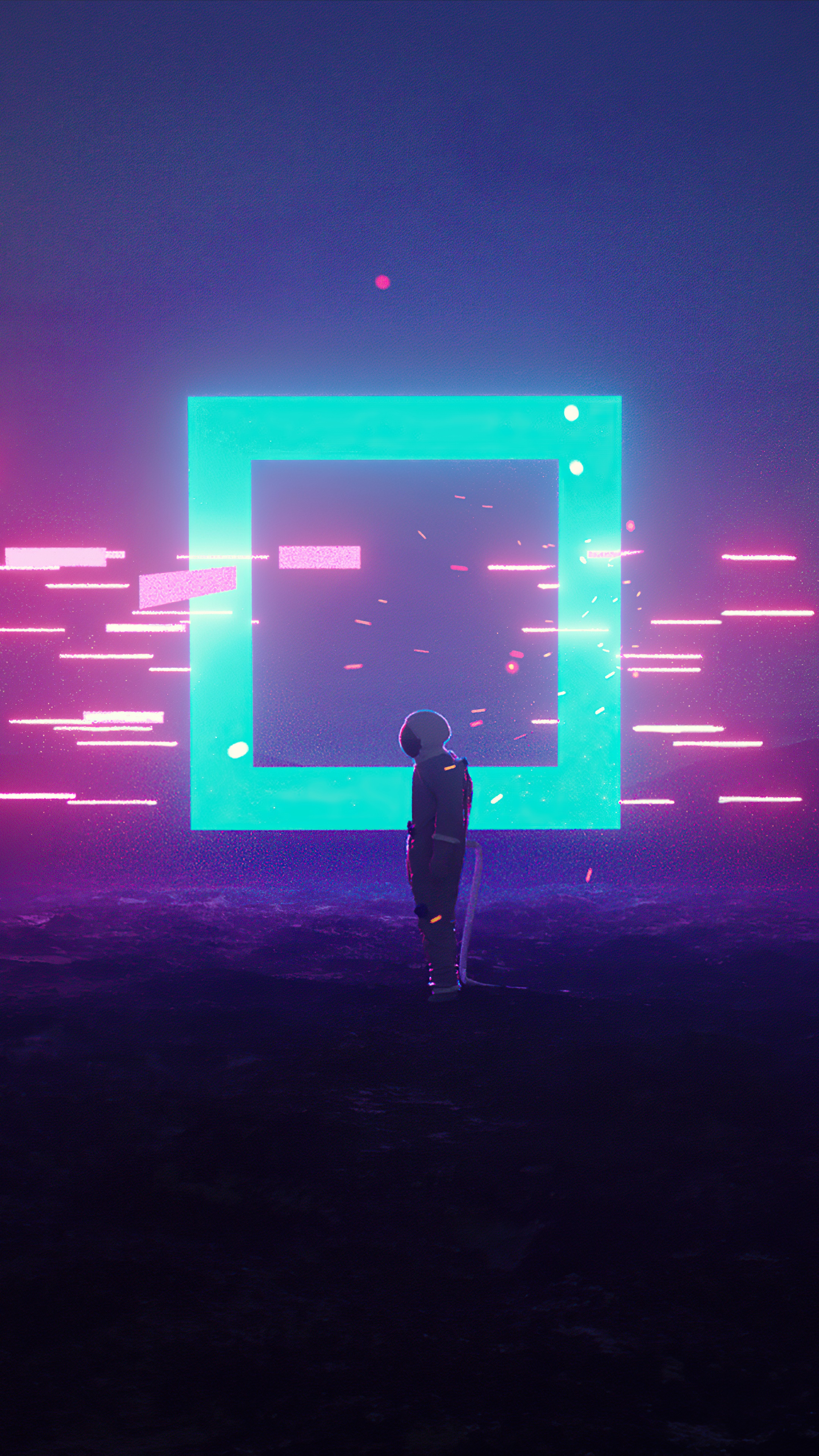 Astronaut standing before a glowing square portal HD Phone Wallpaper