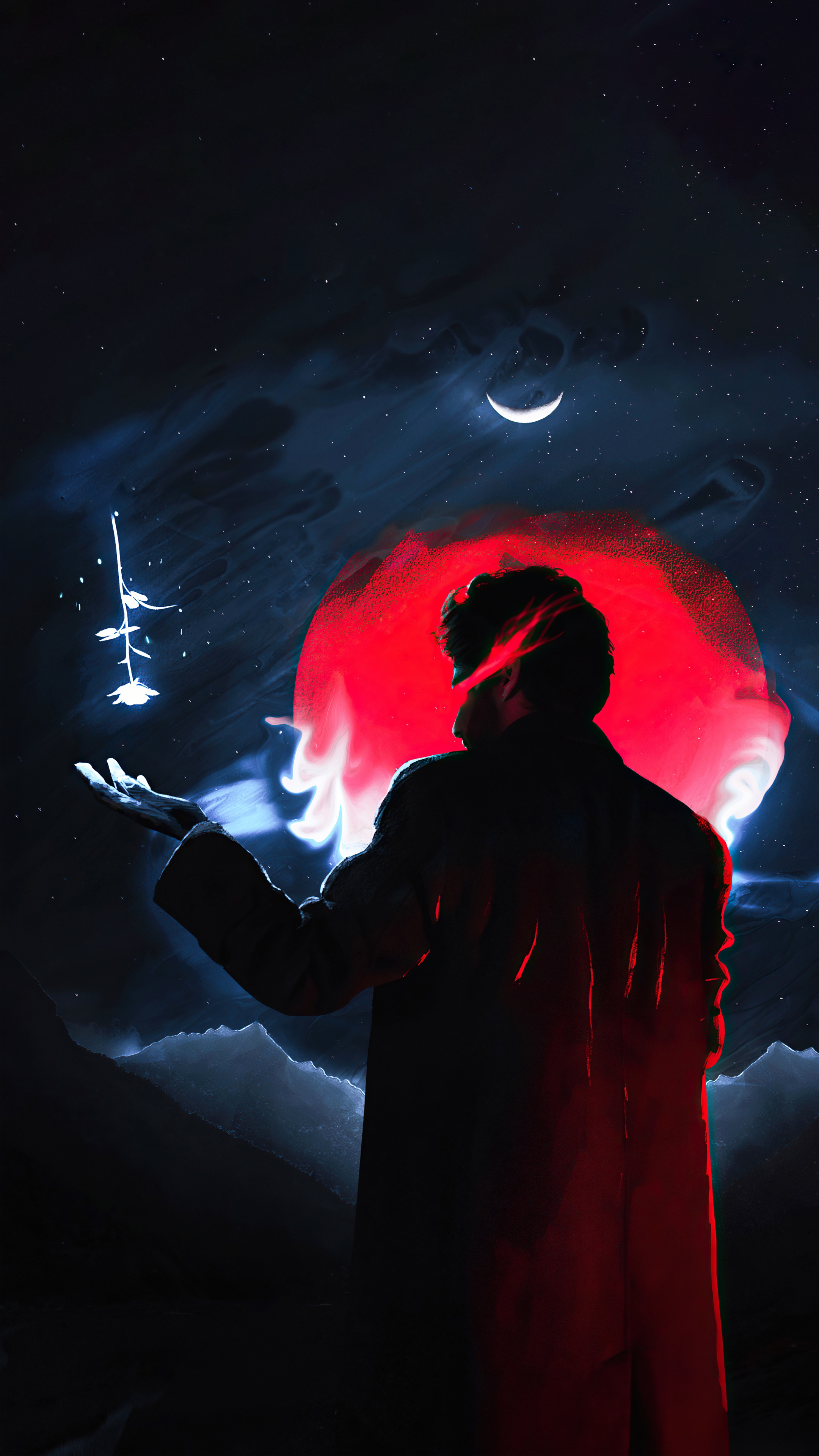 Man holding a glowing flower under a crescent moon HD Phone Wallpaper