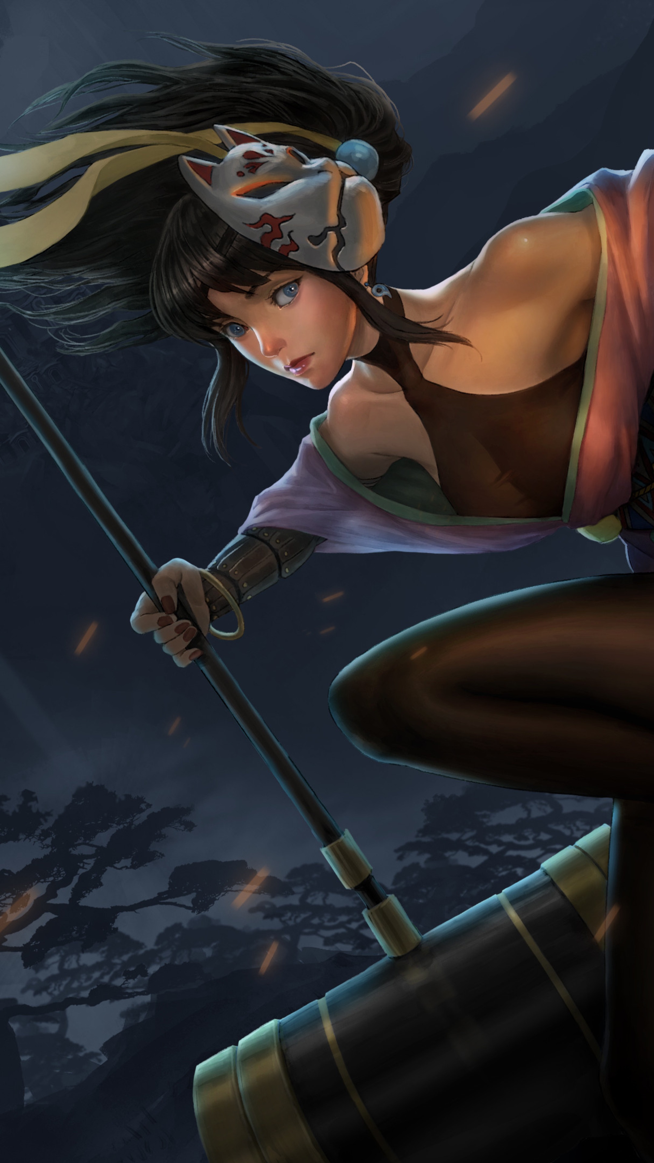 Anime warrior girl with mask and hammer HD Phone Wallpaper