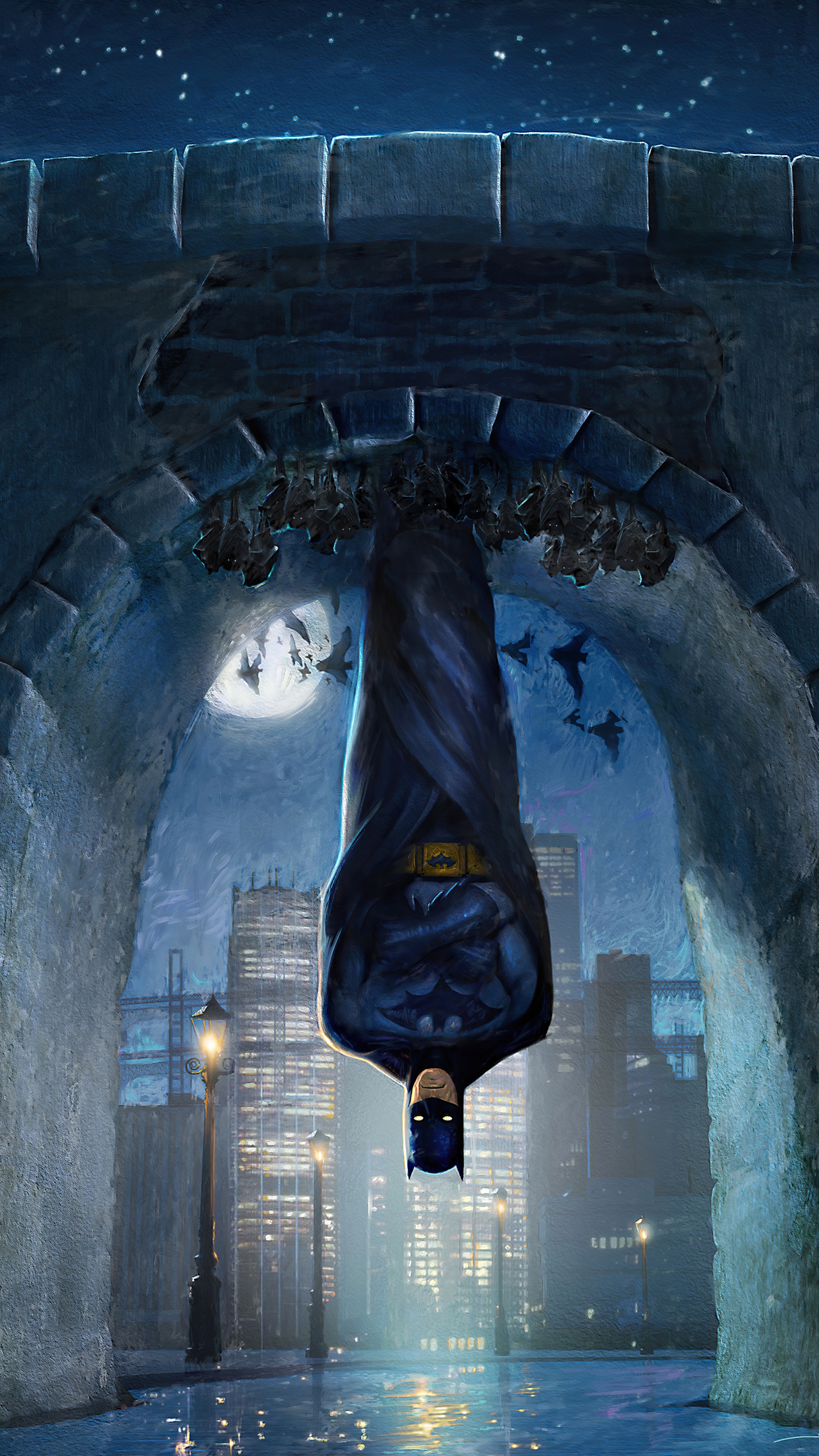 Batman hanging upside down from a bridge at night HD Phone Wallpaper