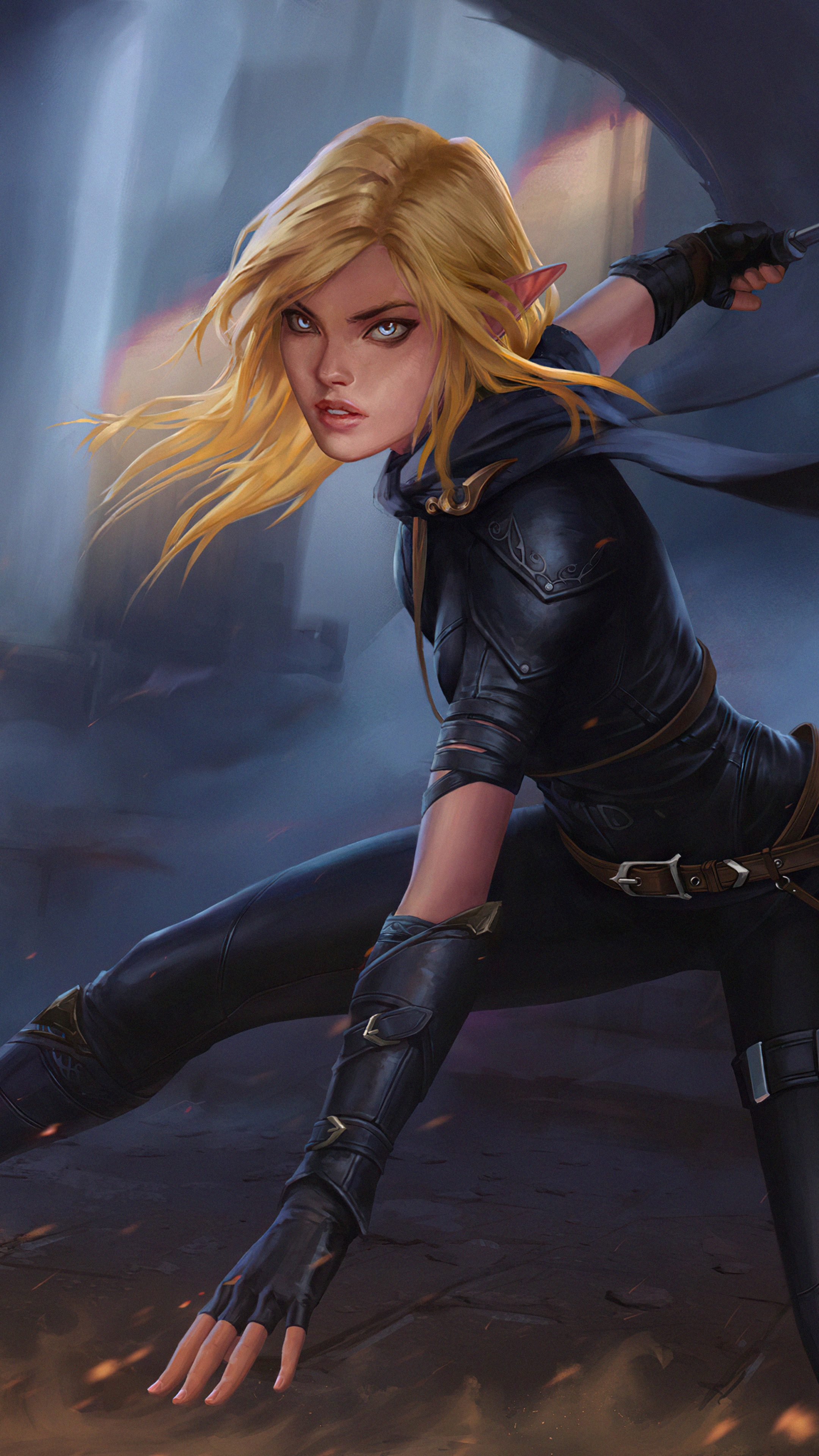 Elf warrior with blonde hair in dark armor HD Phone Wallpaper