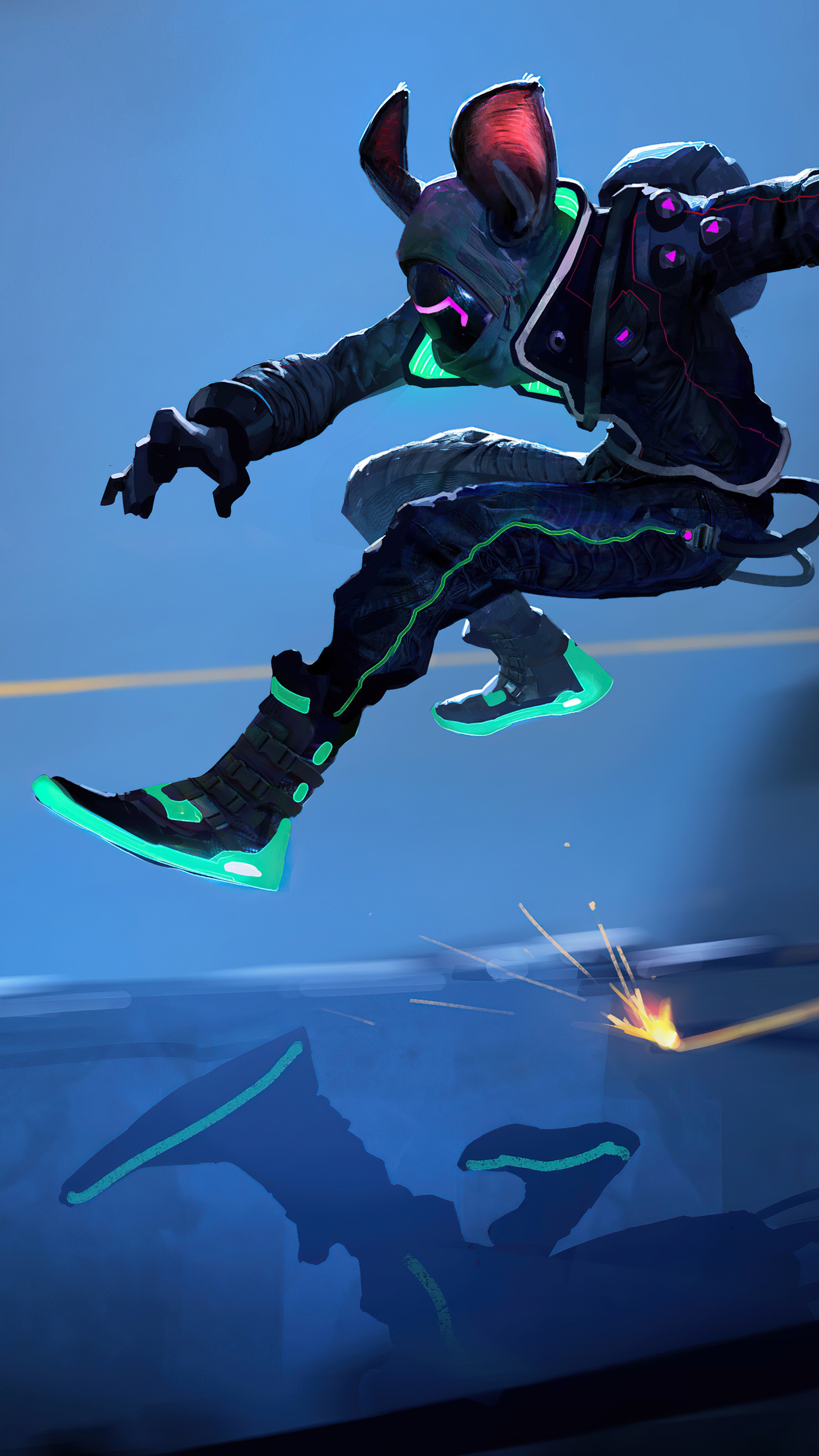 Cyberpunk character with rabbit ears jumping HD Phone Wallpaper
