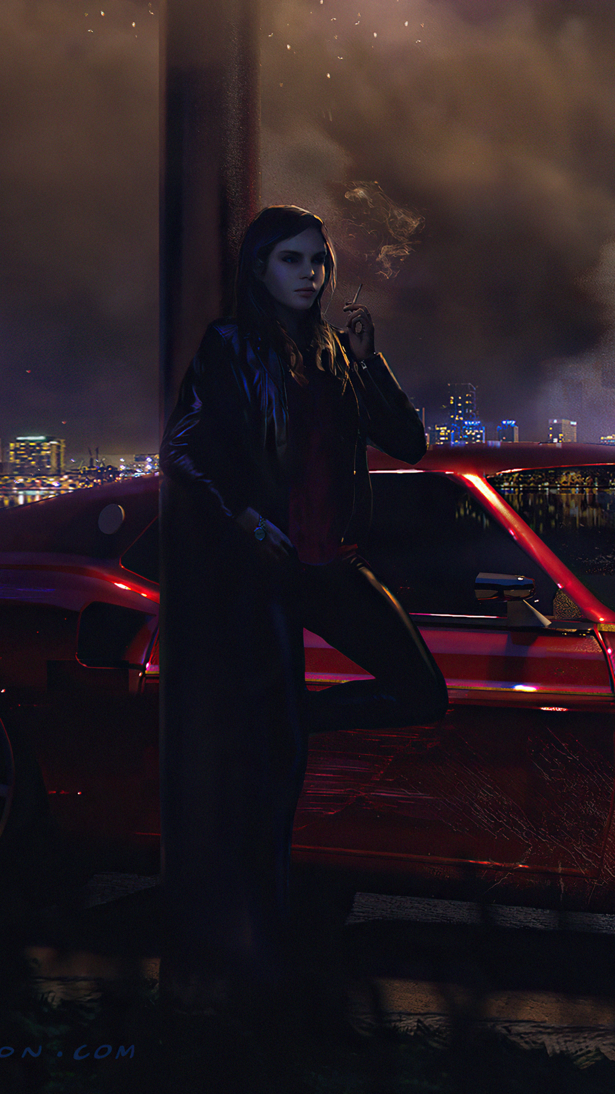 Woman smoking next to a red car at night HD Phone Wallpaper