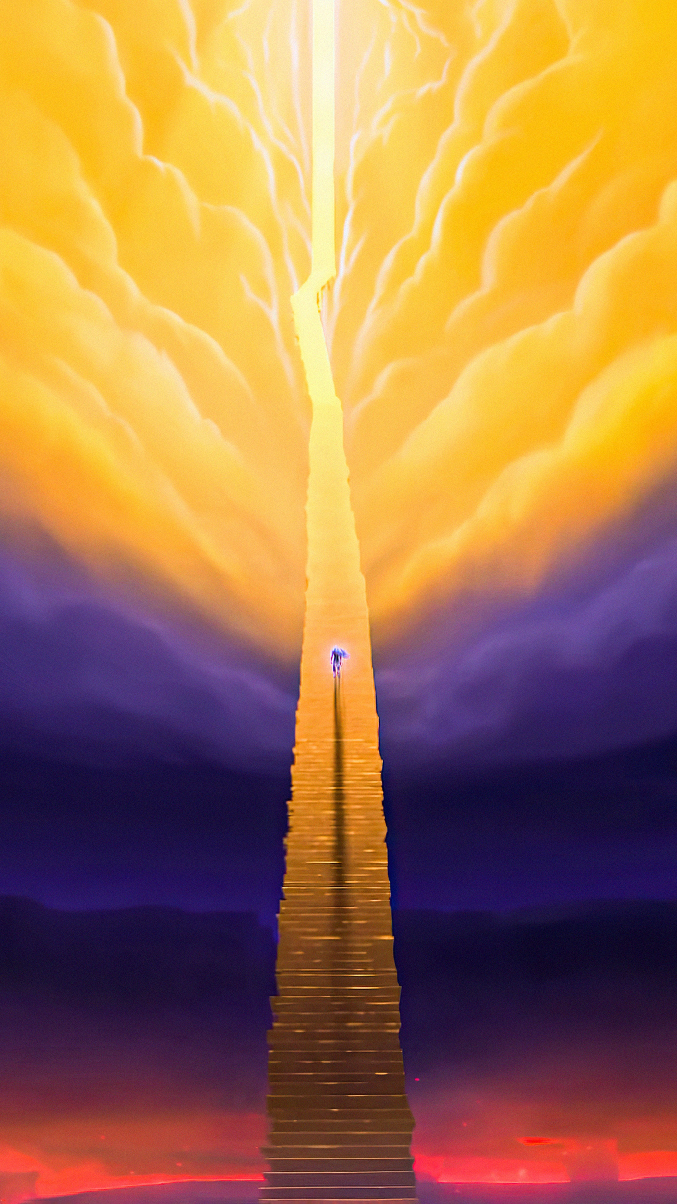 A figure walks up a glowing staircase towards a bright light HD Phone Wallpaper