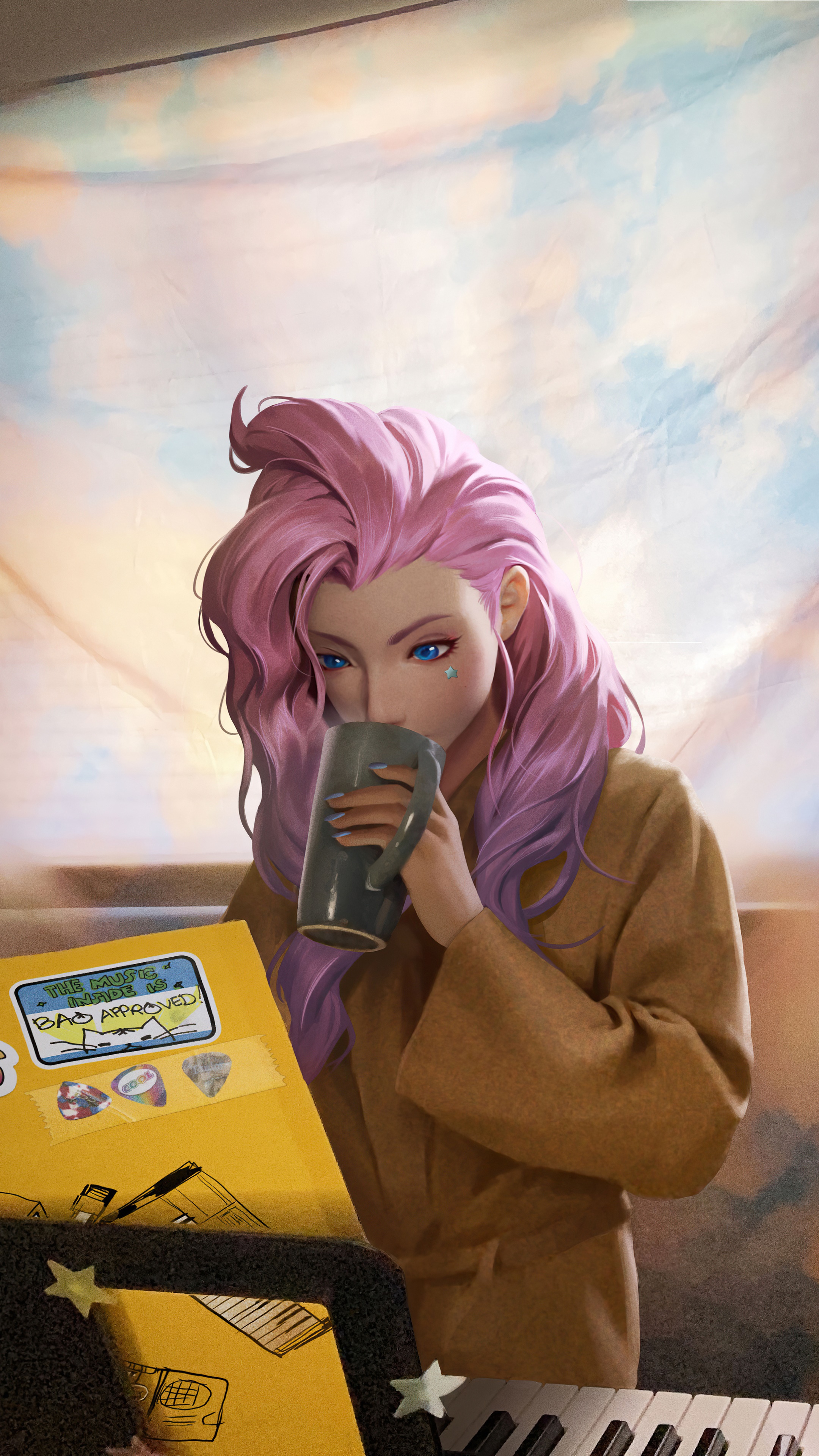 Seraphine from League of Legends drinking coffee HD Phone Wallpaper