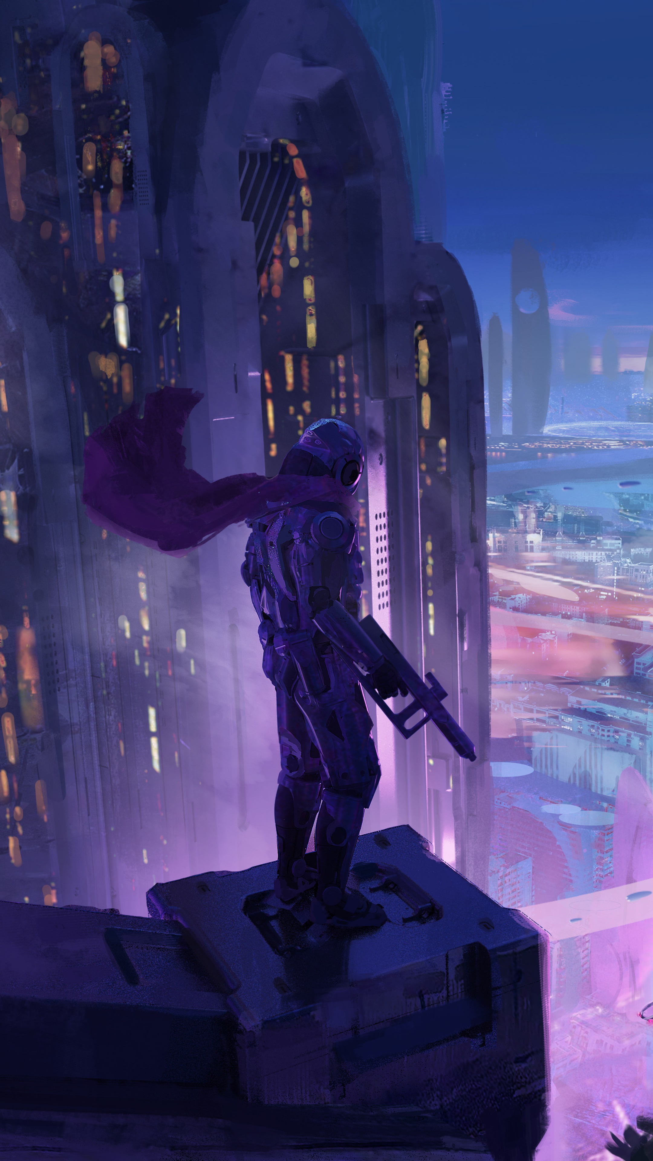 Sci-fi soldier with purple scarf overlooking neon city HD Phone Wallpaper