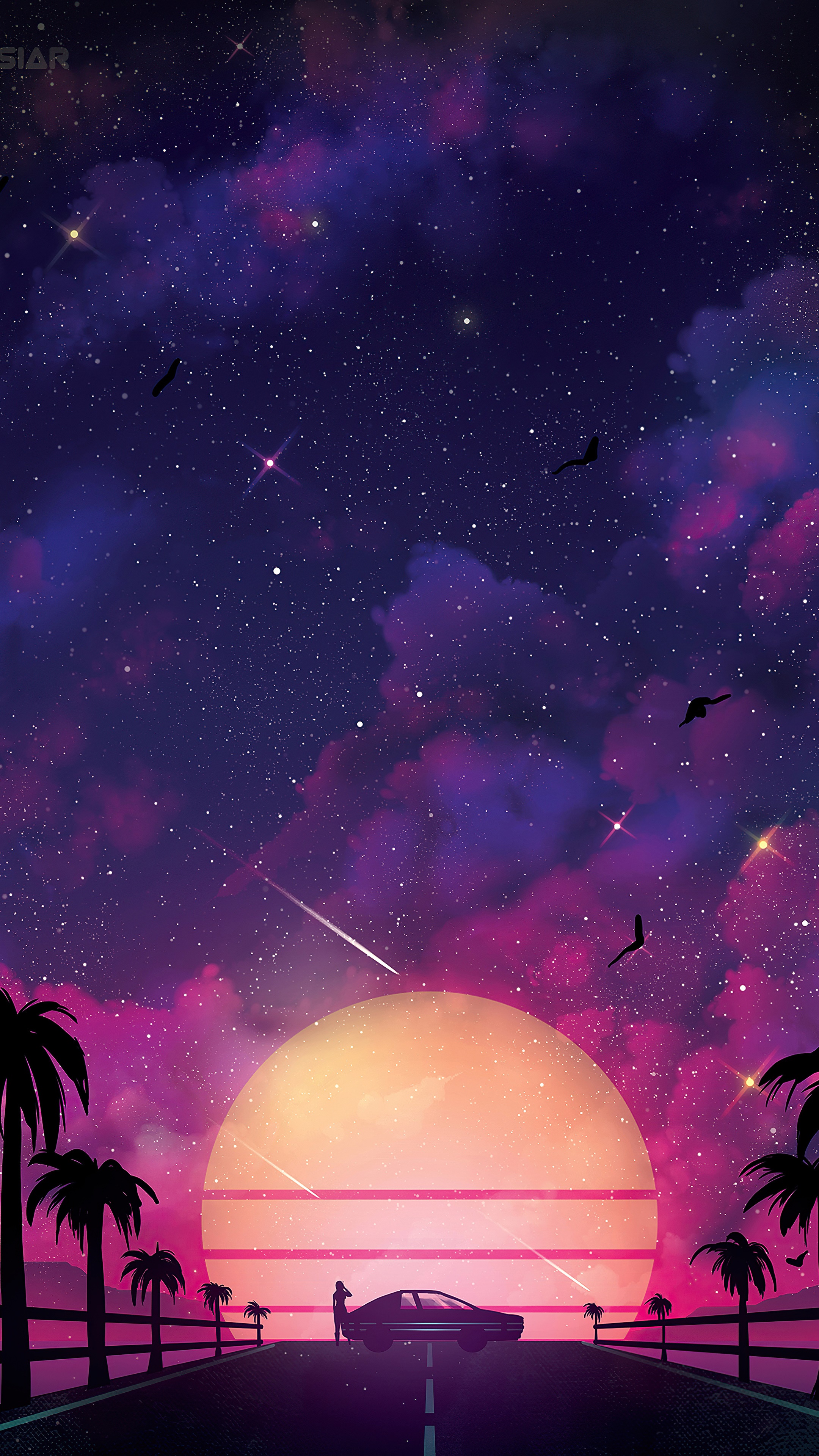 Synthwave digital art of a sunset with a car and palm trees HD Phone Wallpaper