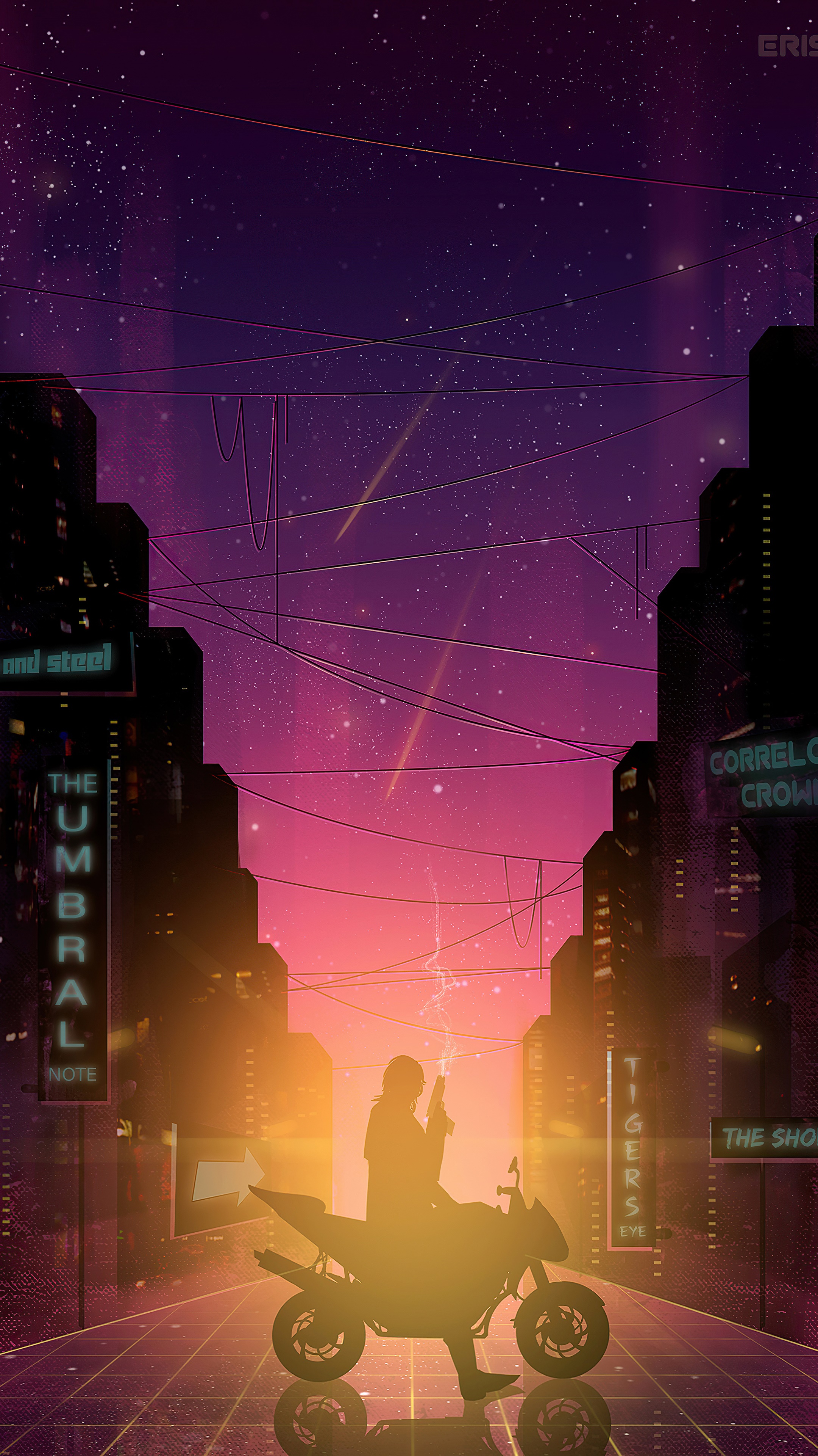 Silhouette of a person on a motorcycle in a neon city HD Phone Wallpaper
