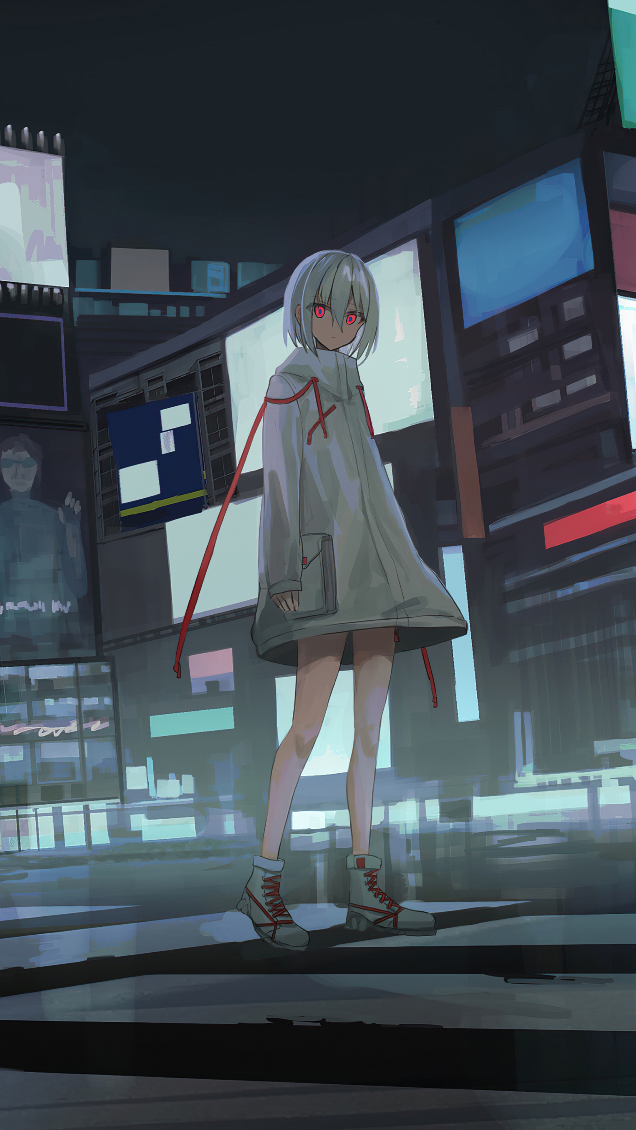 Anime girl with red eyes in a white coat HD Phone Wallpaper