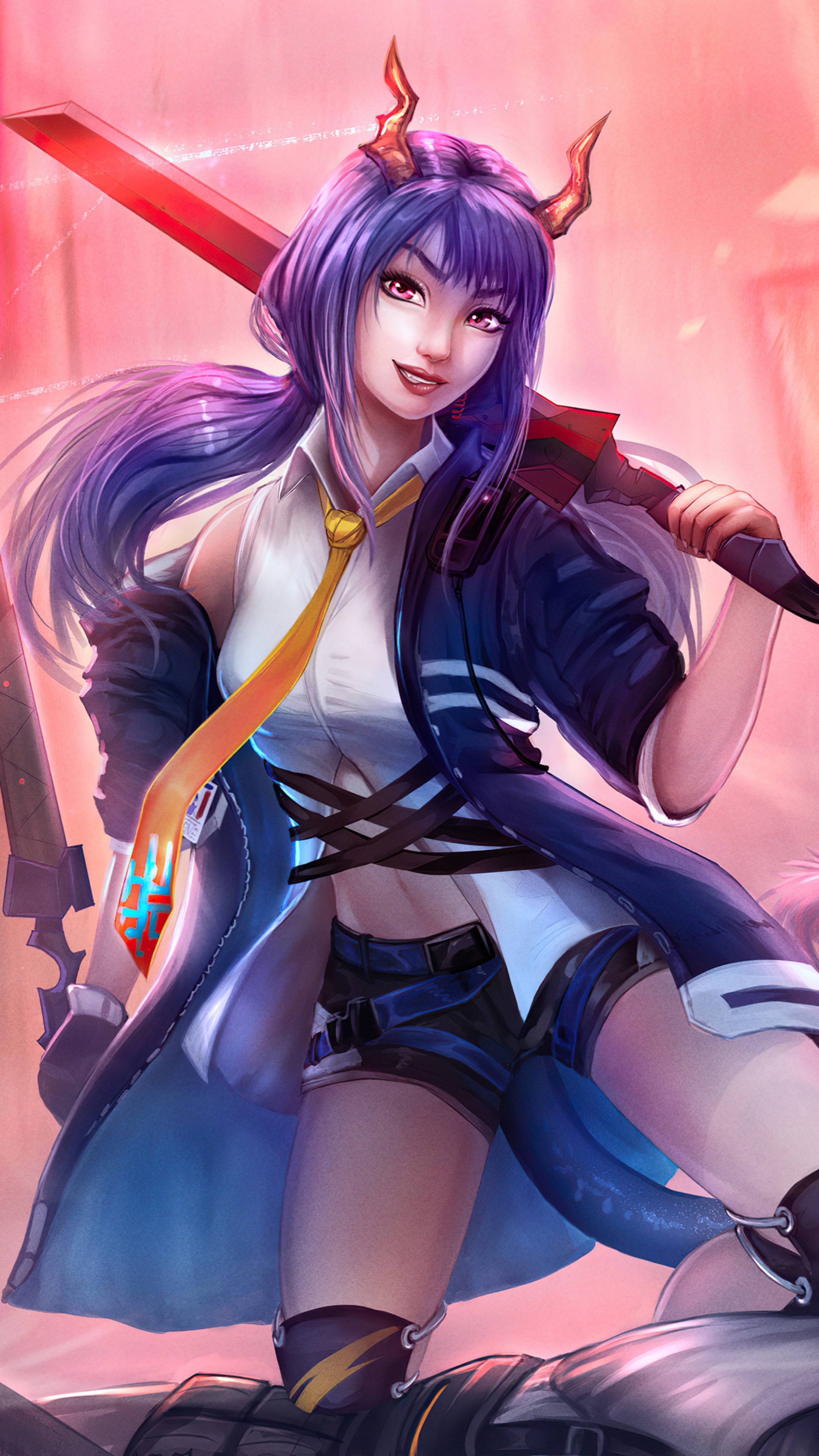 Anime girl with purple hair and horns holding a sword HD Phone Wallpaper