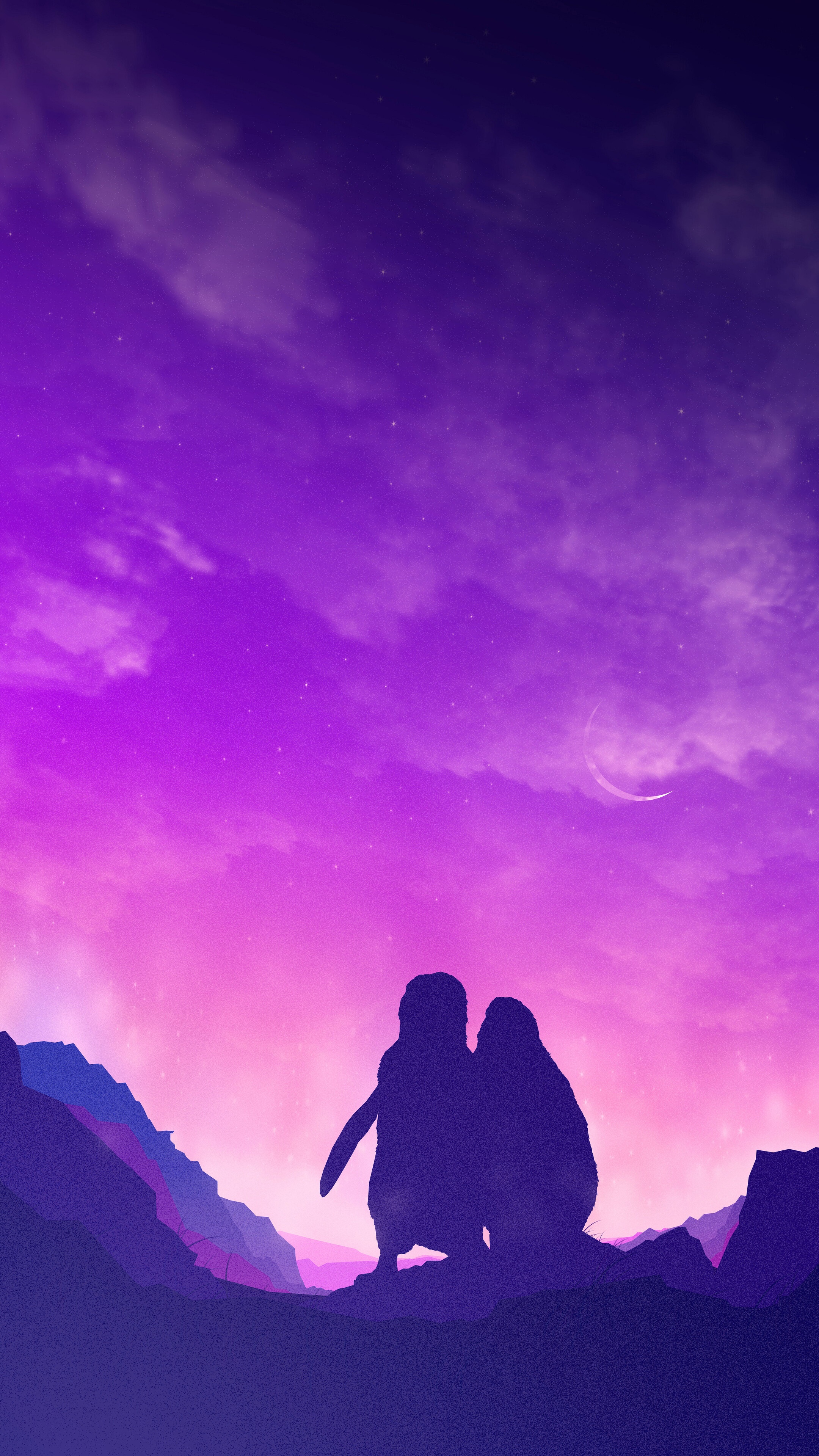 Two penguins silhouetted against a purple and pink sky HD Phone Wallpaper