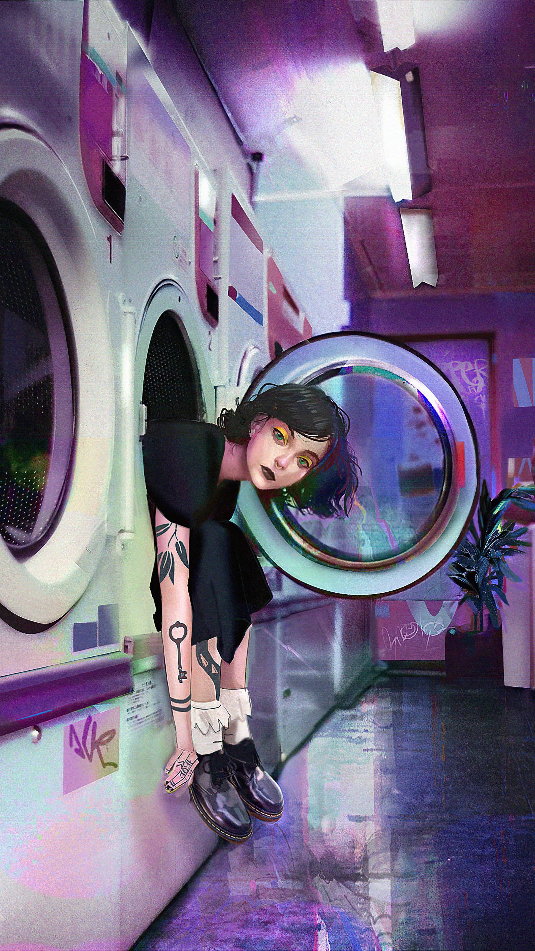 Girl in a laundry room HD Phone Wallpaper