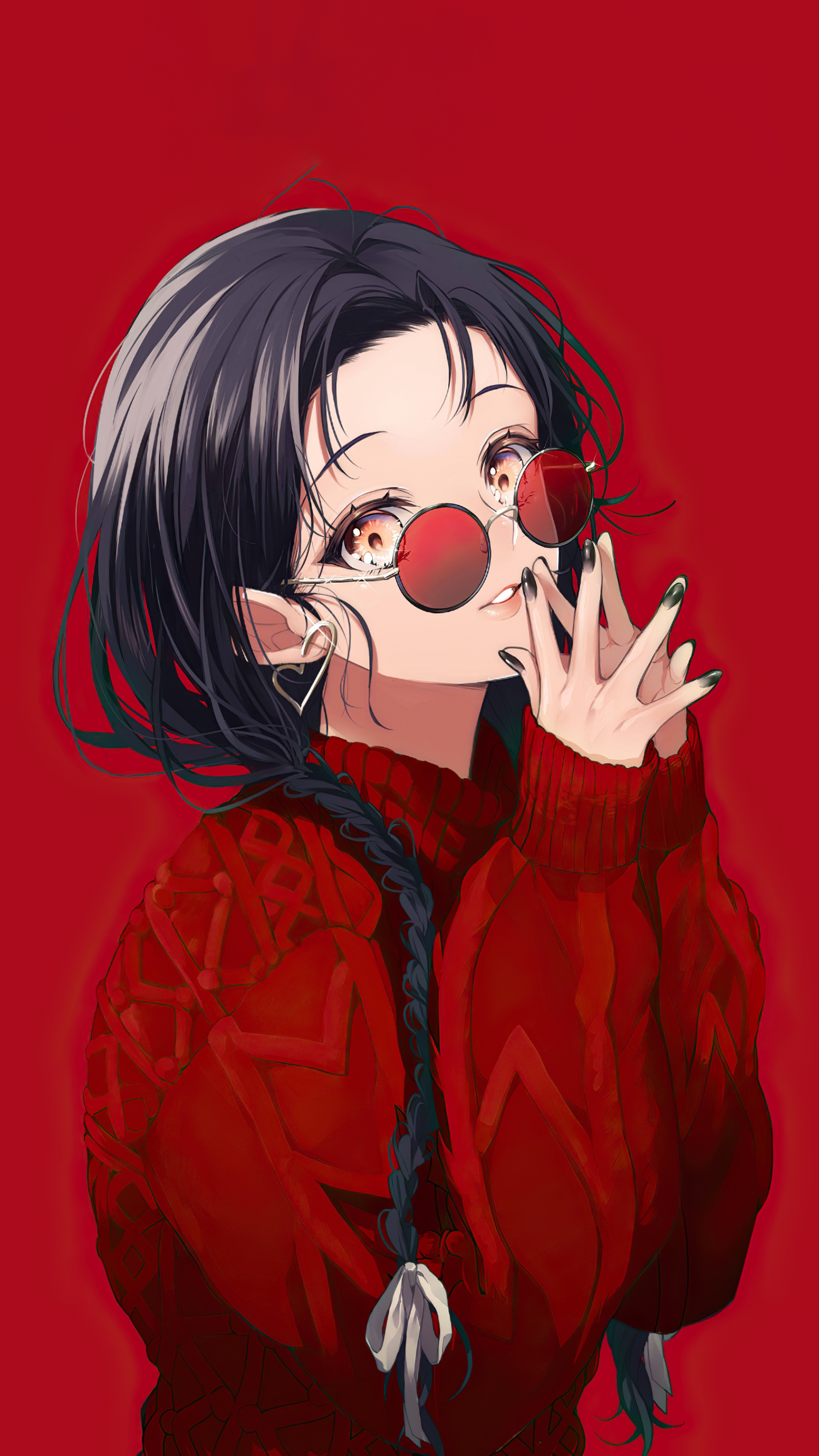 Anime girl with black hair and red glasses HD Phone Wallpaper