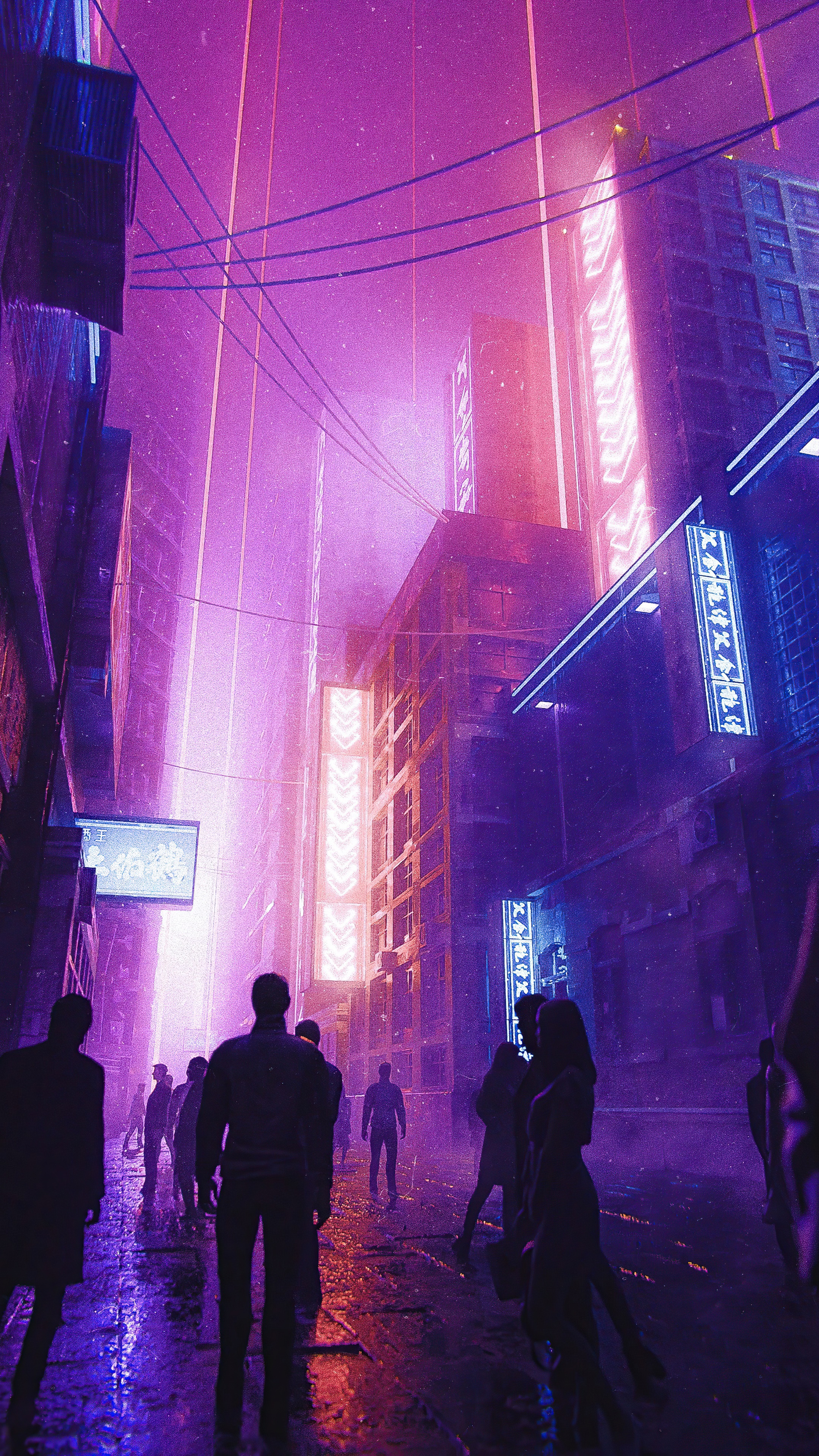Cyberpunk city street with neon lights and people HD Phone Wallpaper