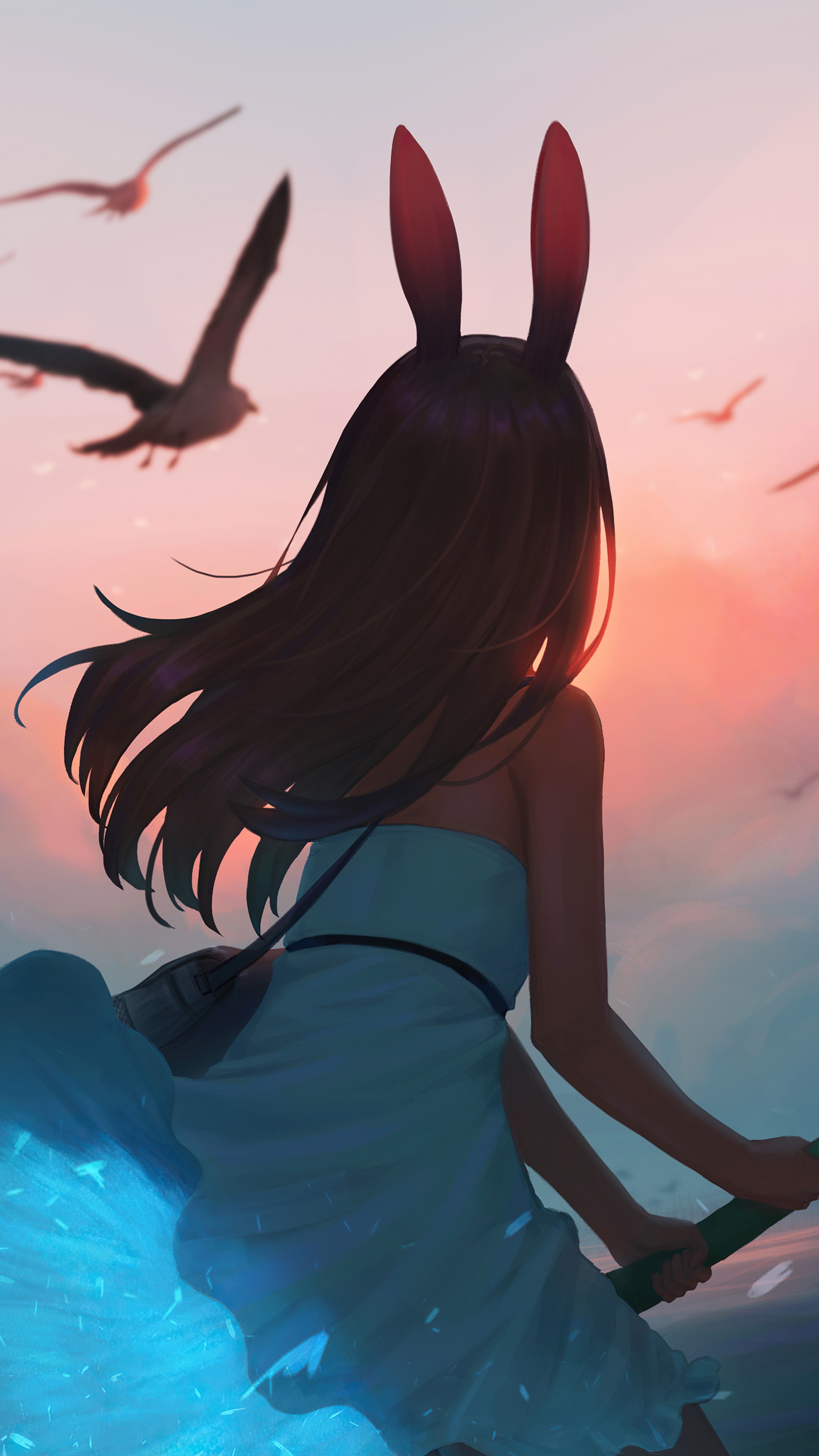 Anime girl with bunny ears flying on a broomstick HD Phone Wallpaper