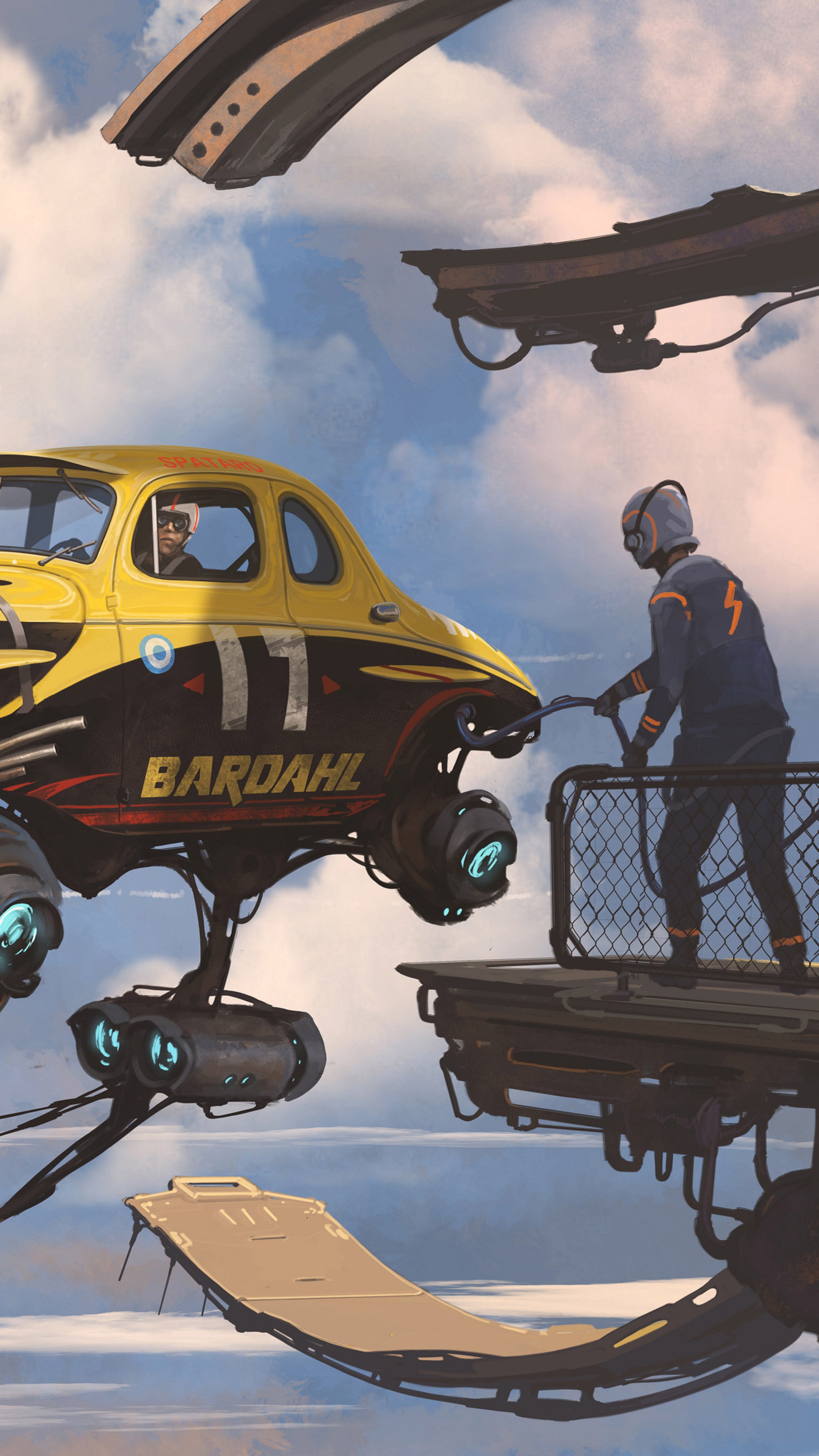 Bardahl 17 Flying Car with Driver and Mechanic HD Phone Wallpaper