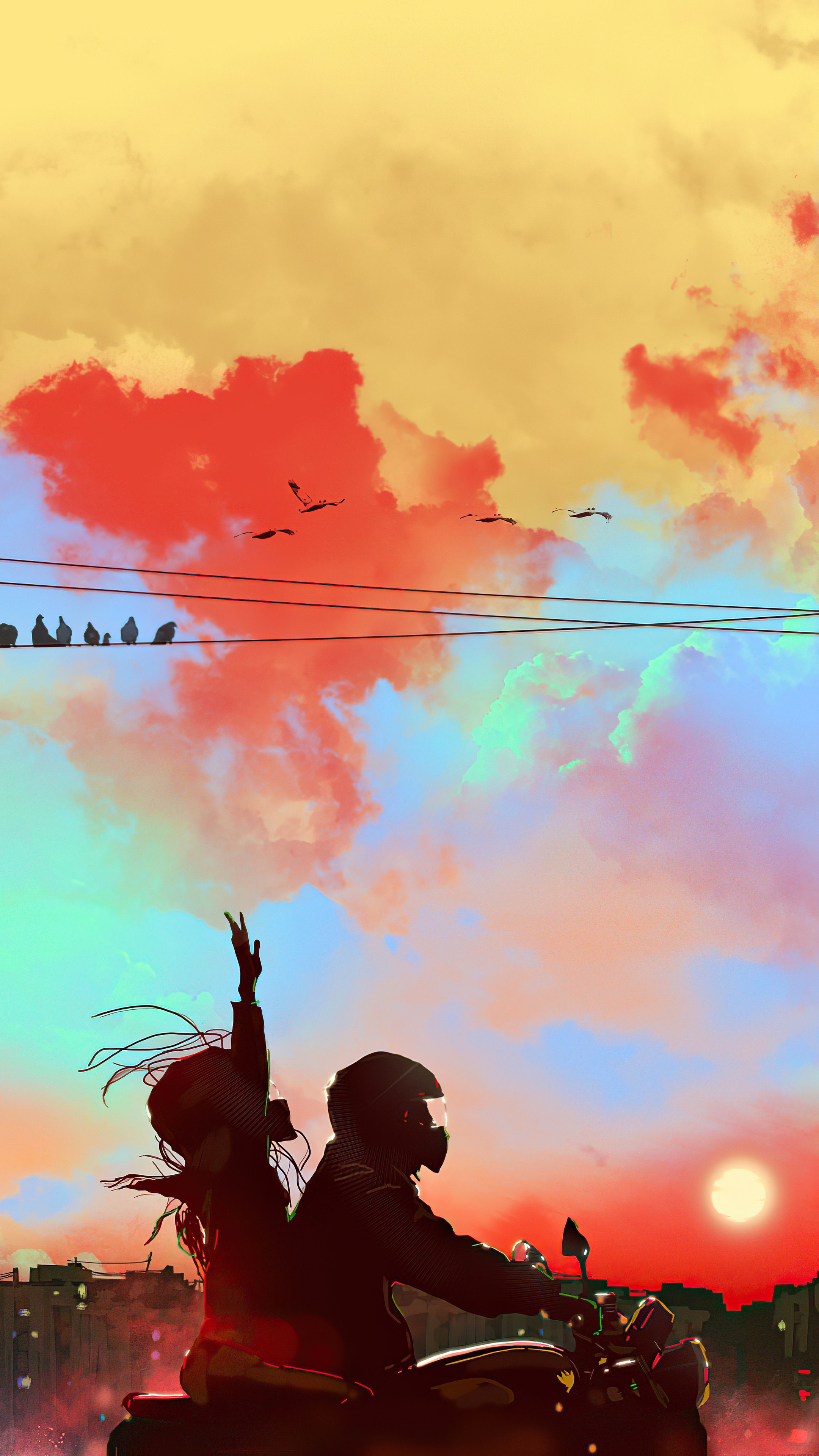 Couple riding a motorcycle at sunset with birds HD Phone Wallpaper