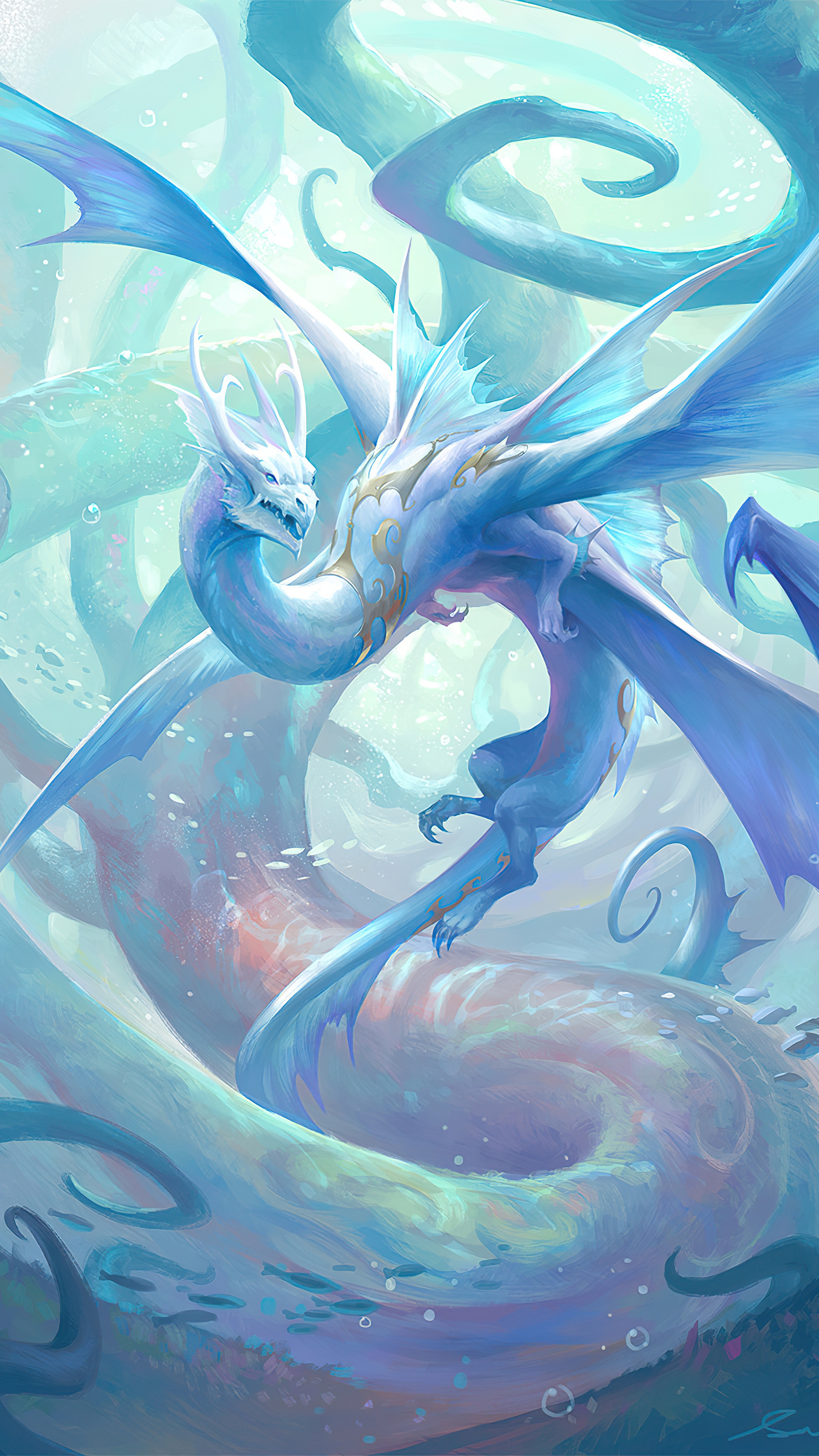 Digital artwork of a blue and white dragon underwater HD Phone Wallpaper
