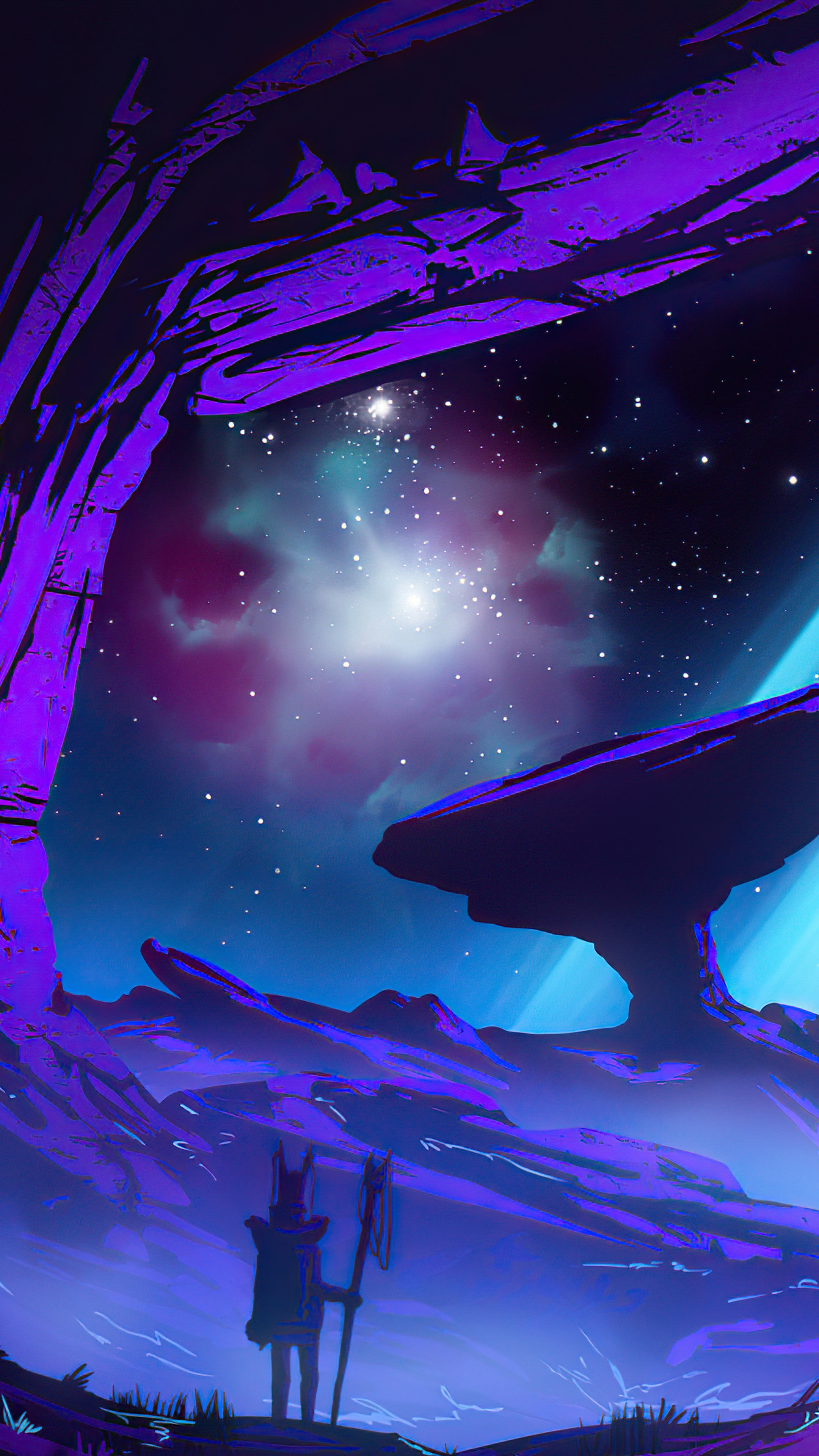 Alien landscape with figure and nebula HD Phone Wallpaper