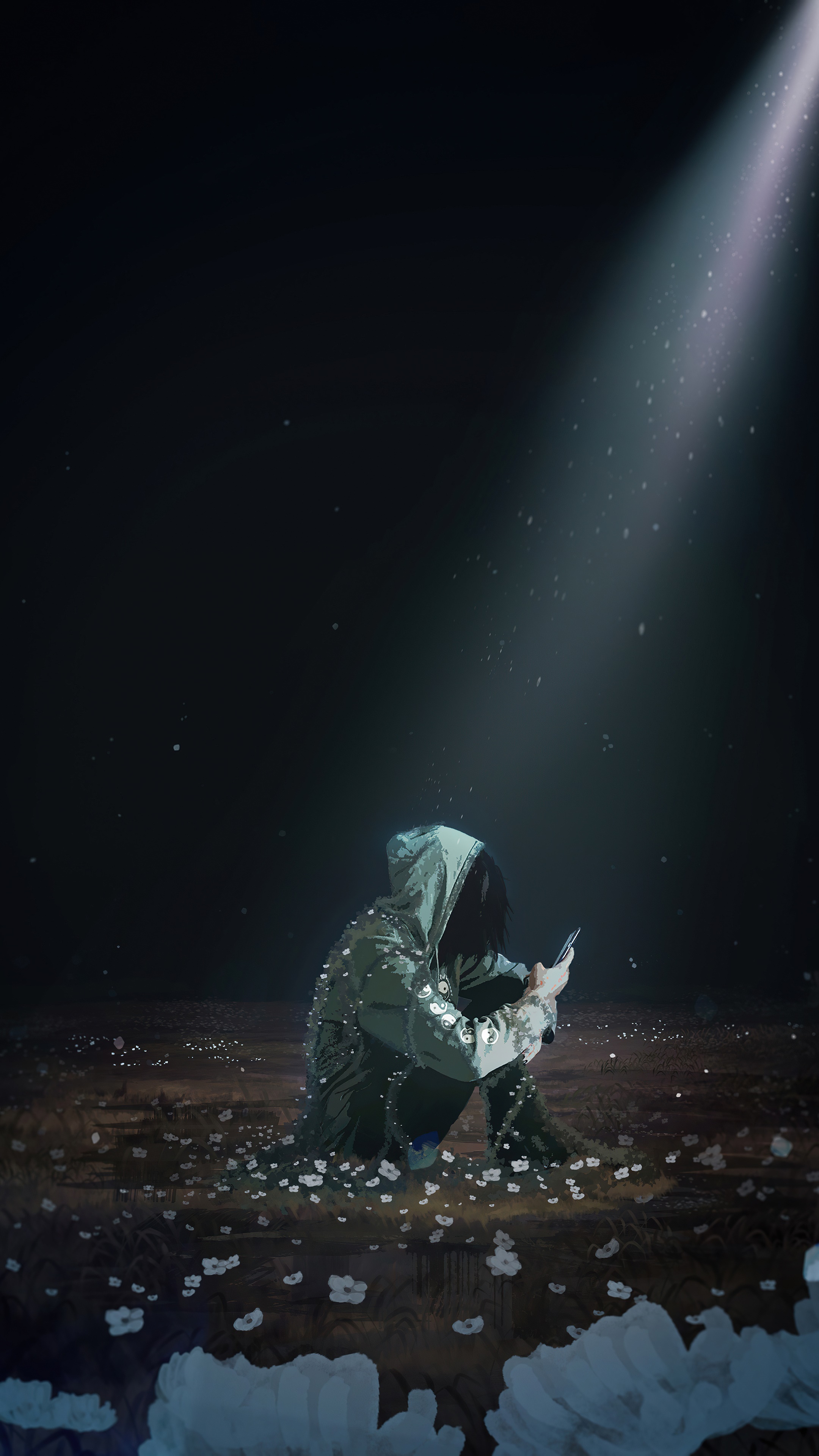 Person in hooded jacket sitting in a field of flowers under a spotlight HD Phone Wallpaper