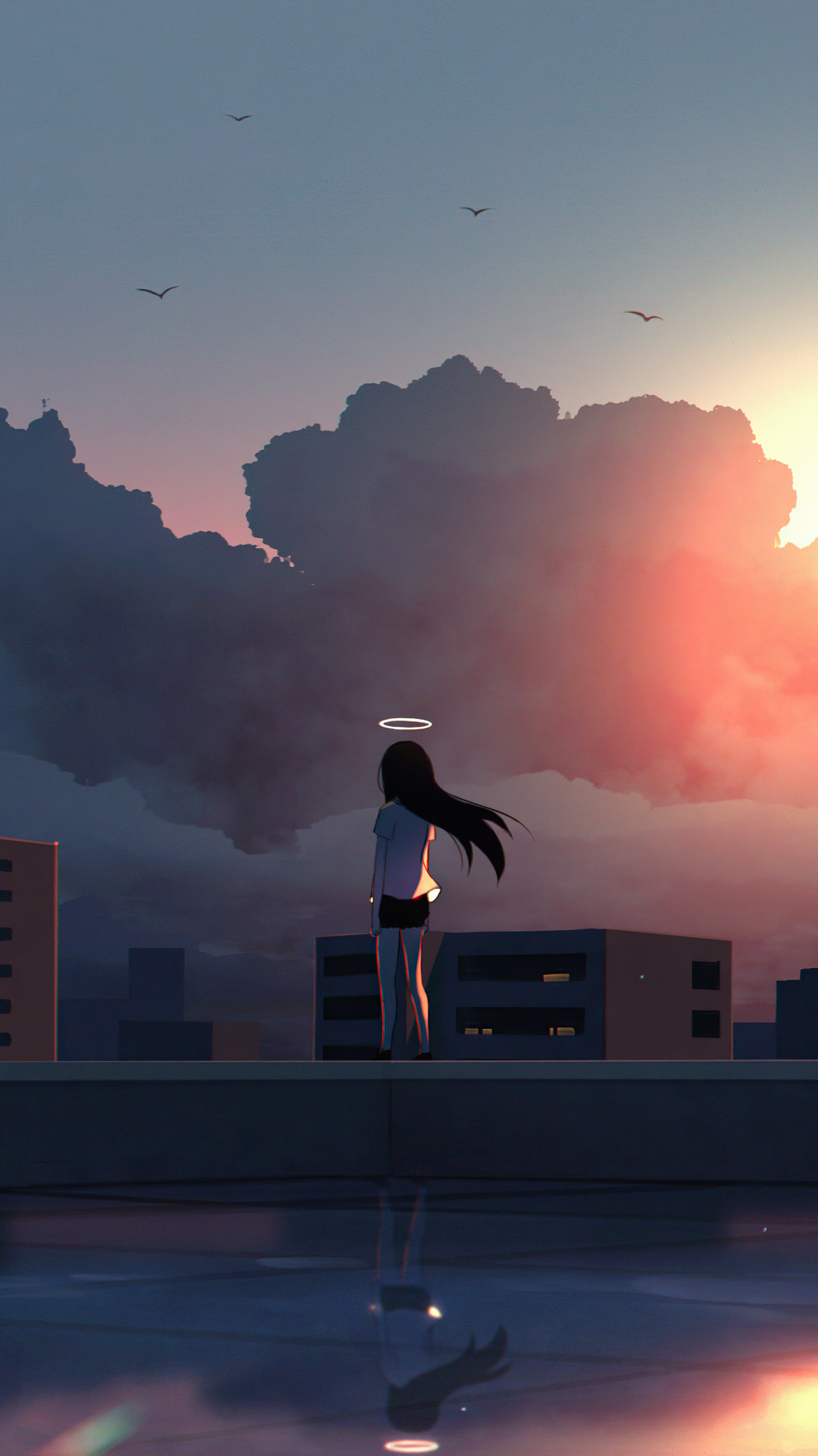 Anime girl with halo on rooftop at sunset HD Phone Wallpaper