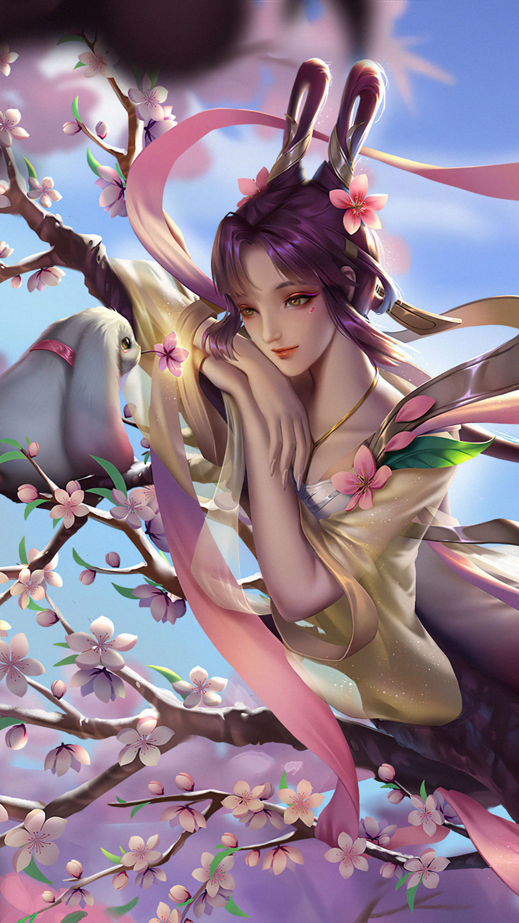 Fantasy girl with rabbit in cherry blossom tree HD Phone Wallpaper