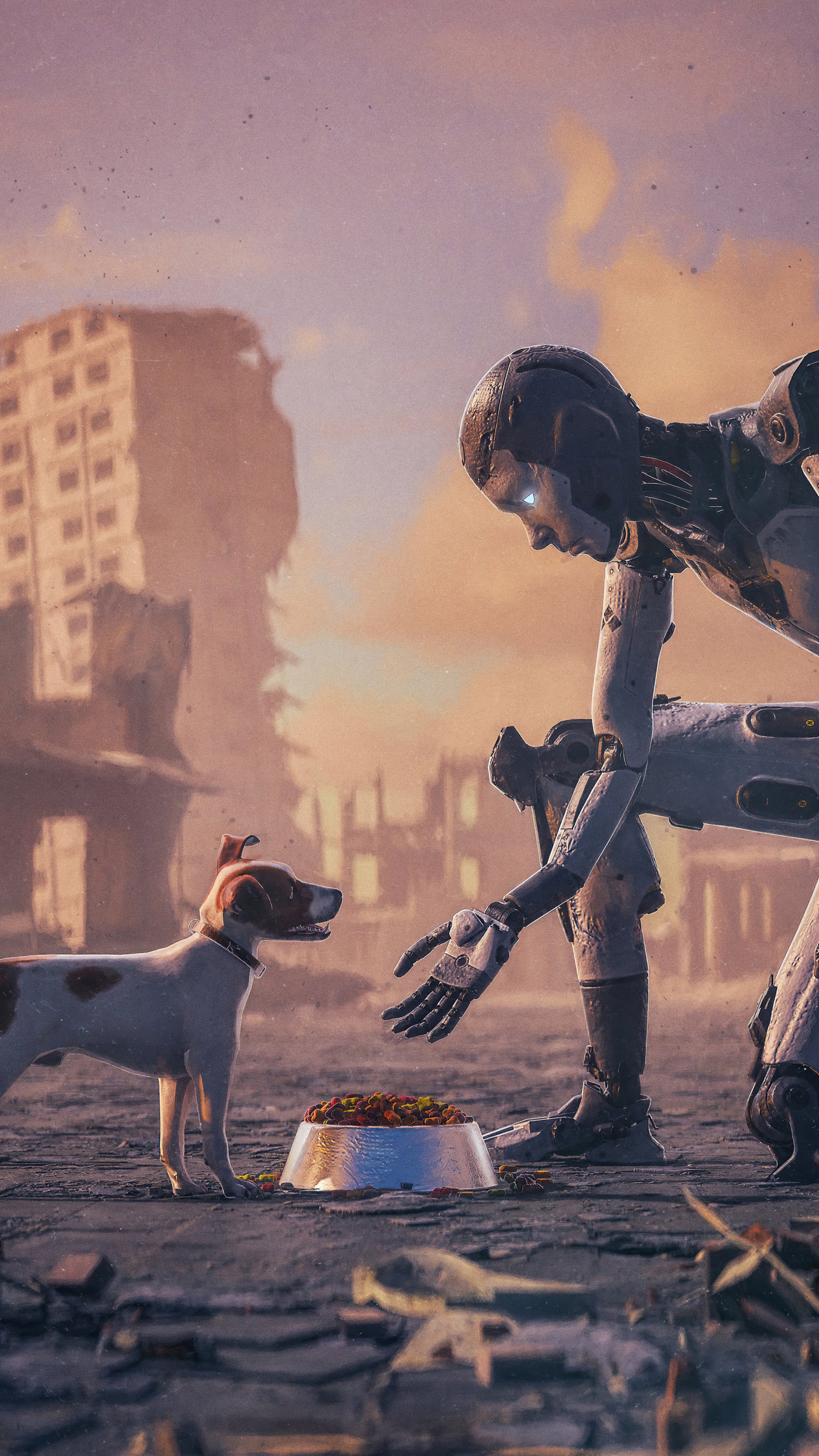 Robot feeding a dog in a ruined city 4K HD Phone Wallpaper