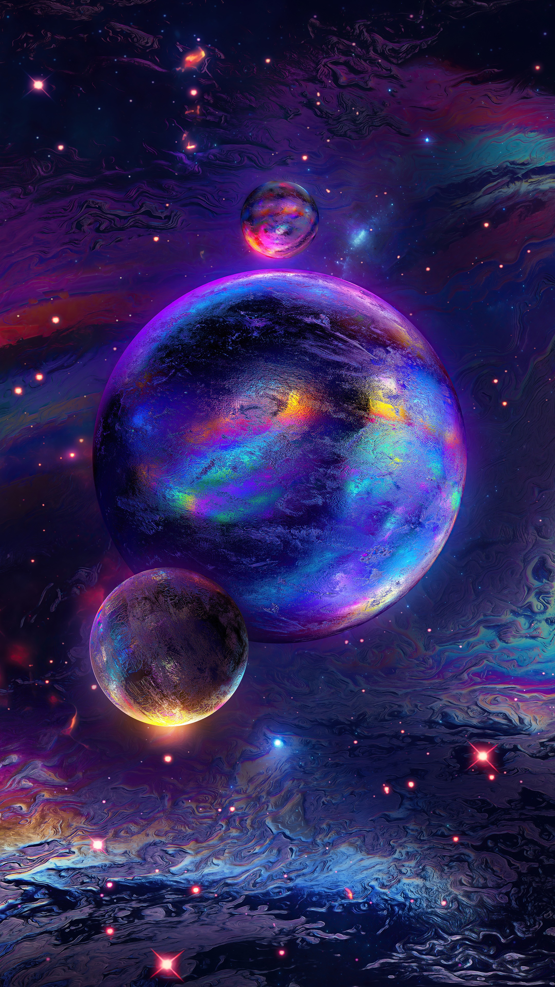 Digital art of planets in a colorful nebula HD Phone Wallpaper